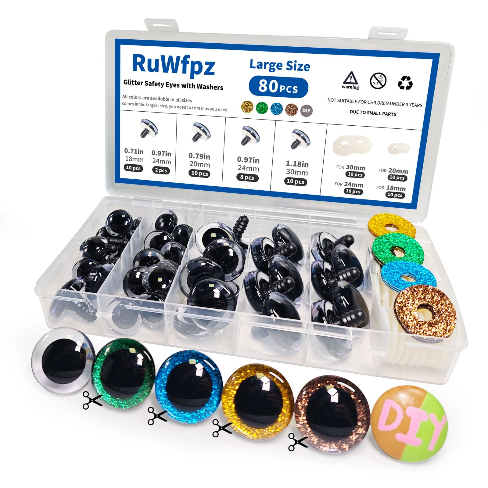 RuWfpz Glitter Safety Eyes for Crochet Toys Amigurumi - 18-30mm 4 Colors Doll Teddy Bear Eyes with Washers, 80Pcs 3D Crochet Clear Safety Eyes for Toy