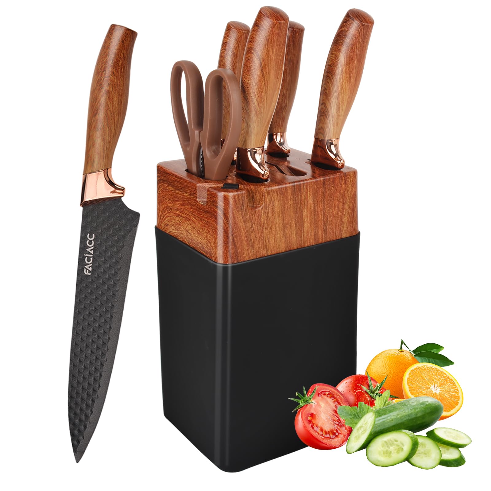 FACIACC 7 Pcs Kitchen Knife Set with Block Sharp Stainless Steel Chef Knives Professional Kitchen Knife with Chefs, Slicing, Bread, Utility, Peel