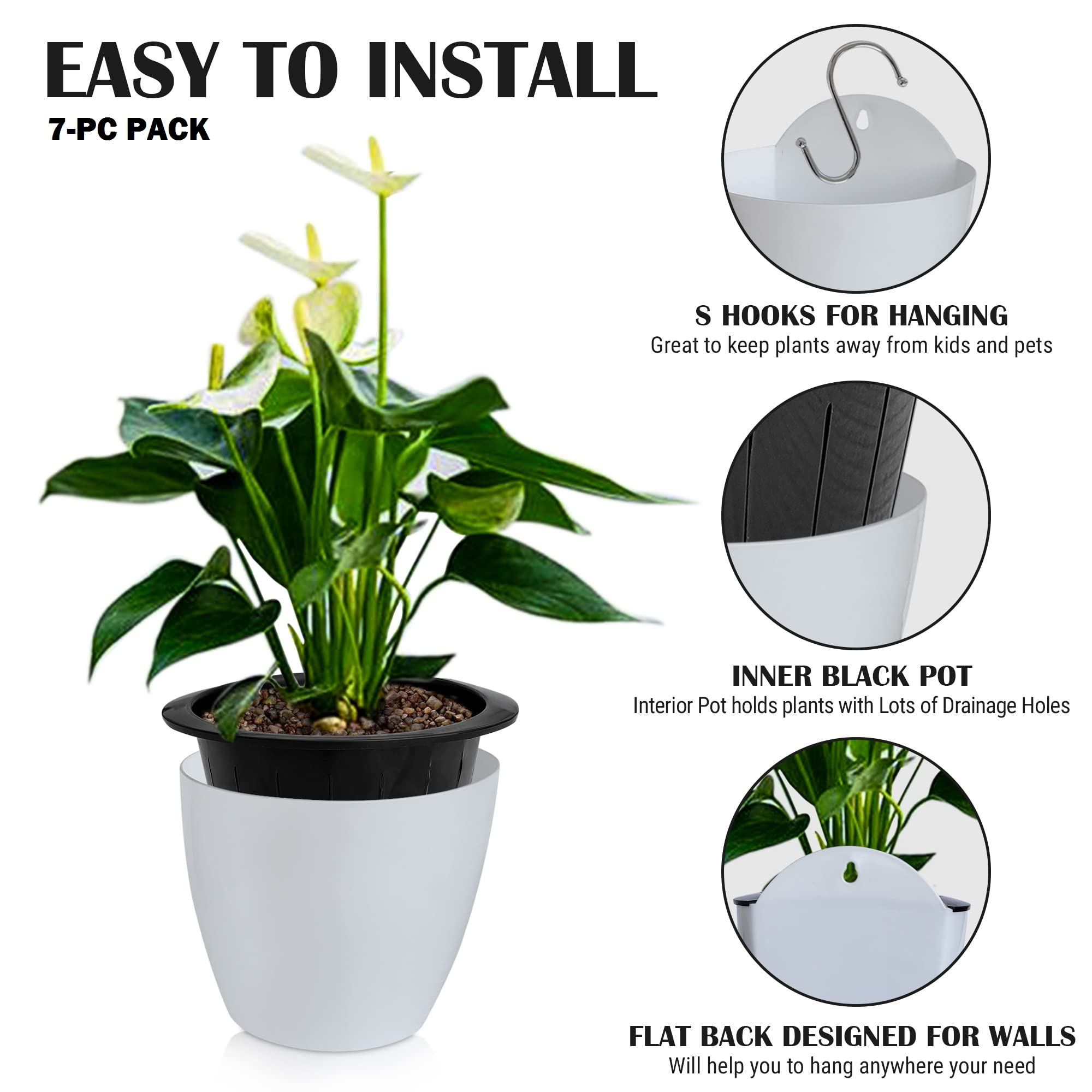 ShoppeWatch Self Watering Wall Planters for Indoor Plants 7 Pack Medium 5 Inch with Hooks | Outdoor Wall Pots for Plants | Wall Hanging Planters |