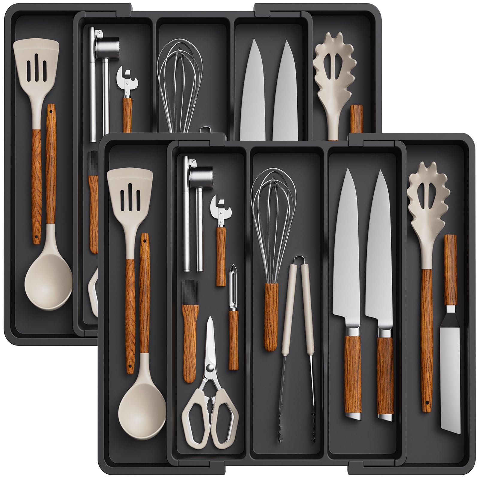 Lifewit Utensil Drawer Organiser, Expandable Large Cutlery Tray for Kitchen, Adjustable Silverware Flatware Holder, Plastic Kitchen Spatula Tools and