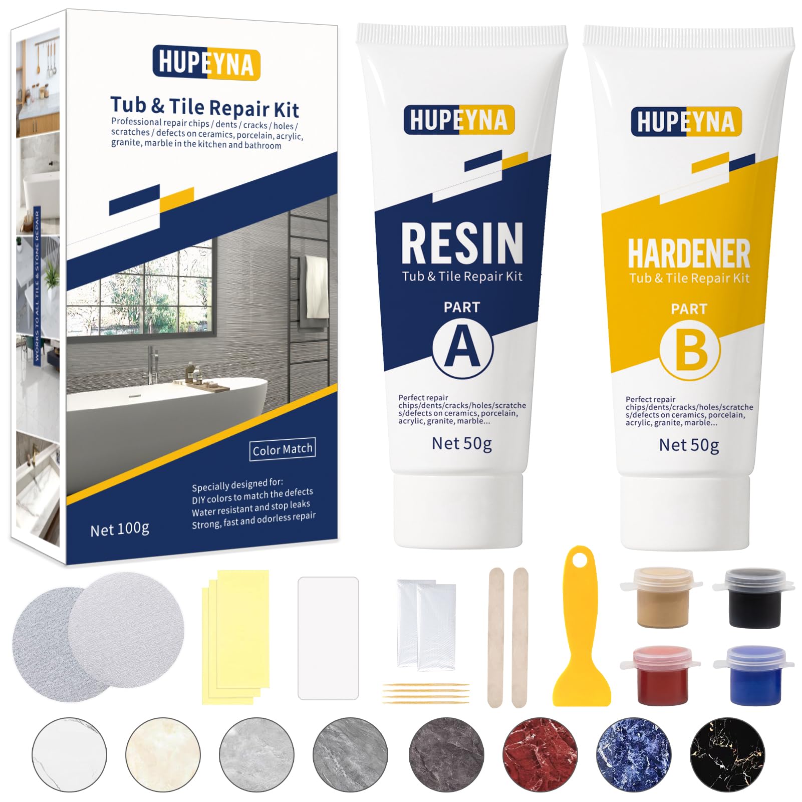 Shower Tray Repair Kit, Hupeyna Tub, Tile and Shower Repair Kit, Bathtub Repair White for Chips Dents Cracks Holes Scratchs, Bath Fix Kit - More