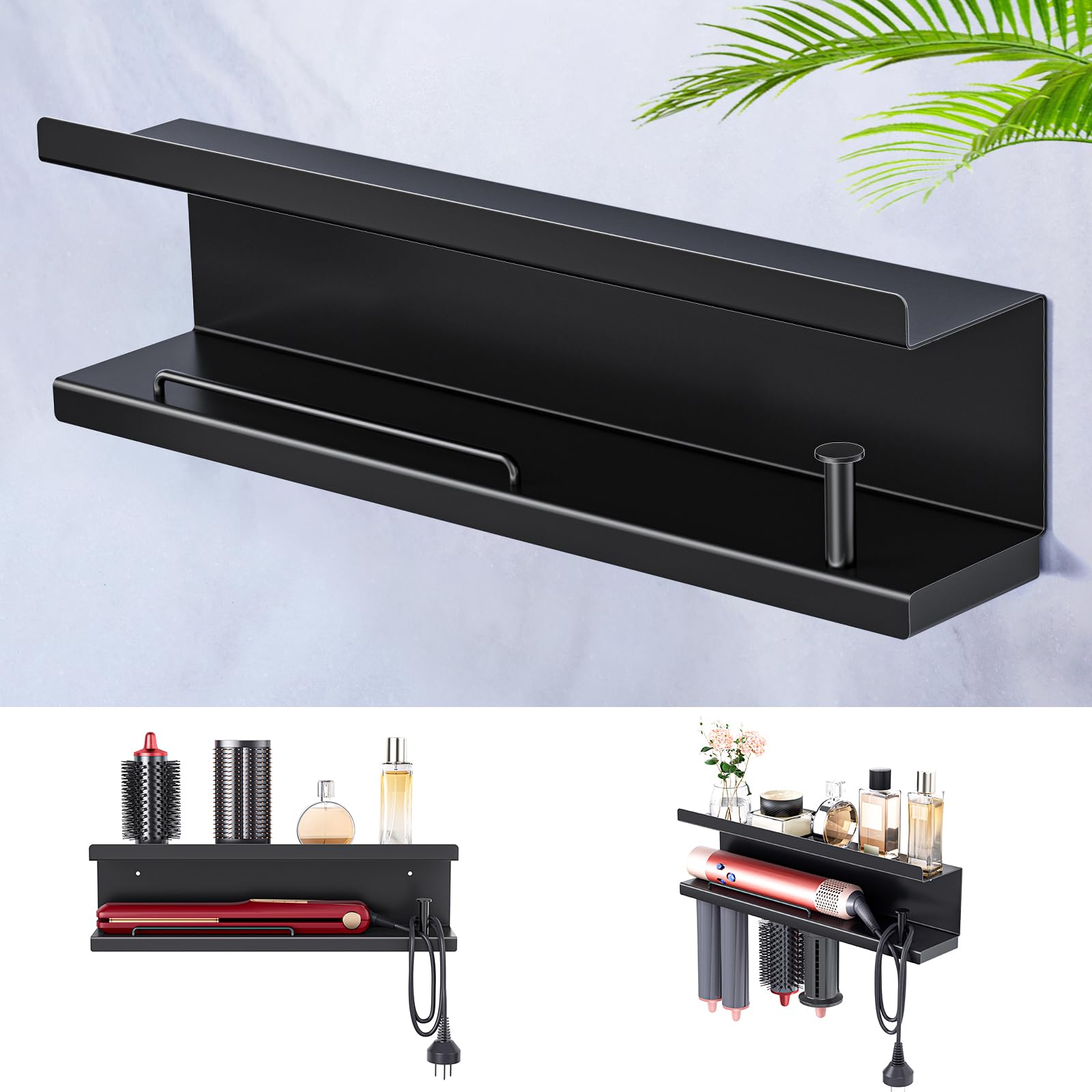 WAYASI Hair Dryer Holder Wall Mount, Straightener Holder for Curling Iron Styler Accessory, Adhesive drilling Hairdryer Straightener Holder Storage,