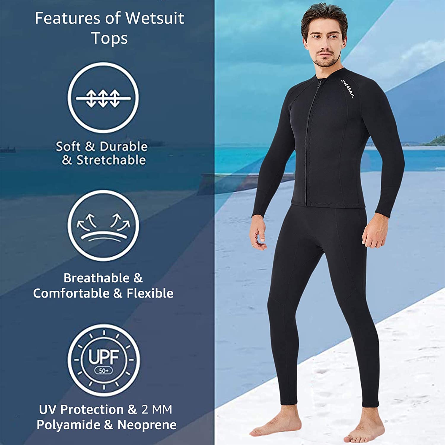 EUPTE 2mm Wetsuits Women/Men Long Sleeve Jacket UPF50+ UV Protection Diving Skin Suit Top for Scuba Diving Snorkeling Surfing Swimming (men, 2XL)