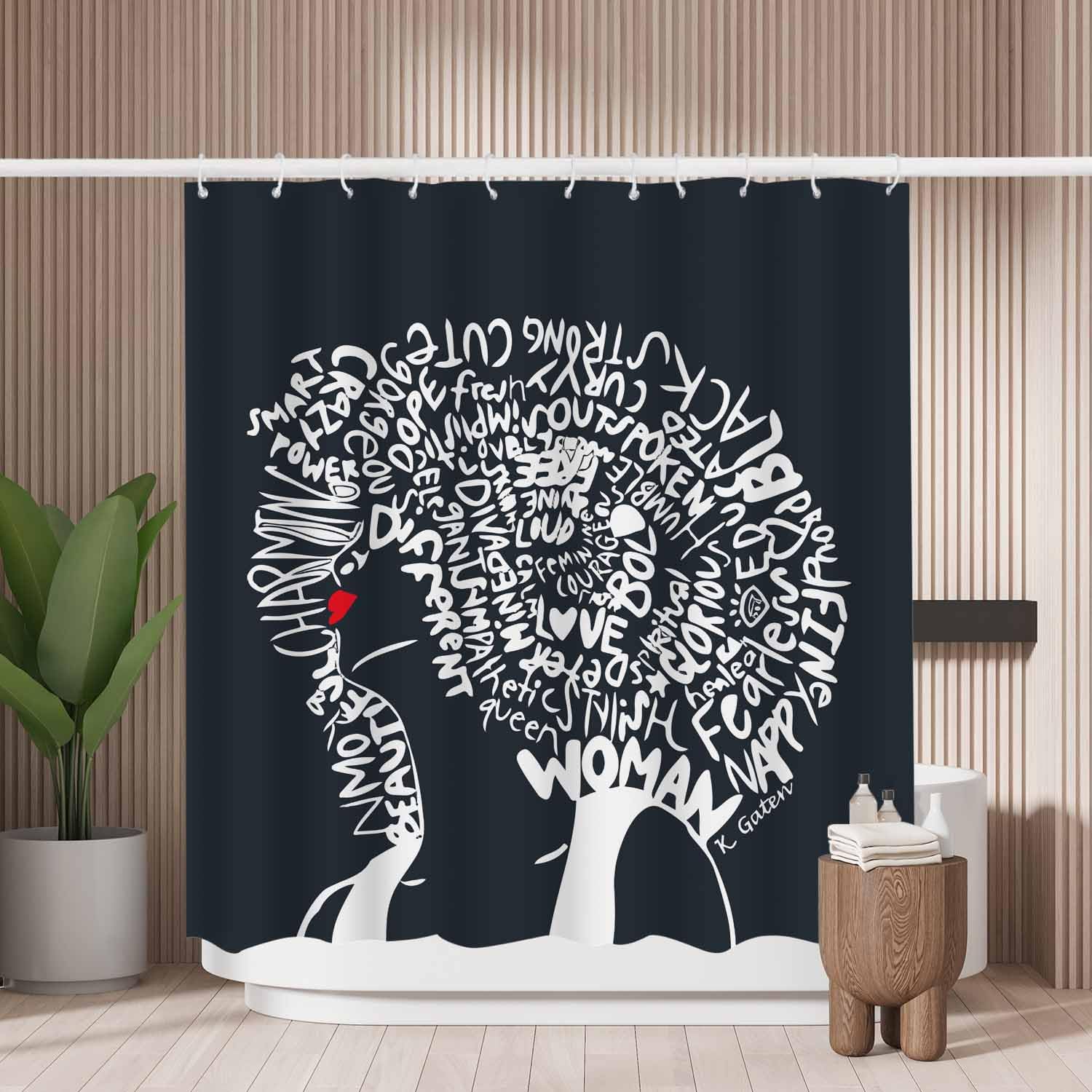 Woutay Shower Curtain Water Repellant Fabric Women Art Curly Hair,Mould Proof Resistant,Polyester,with 12 Plastic Hooks