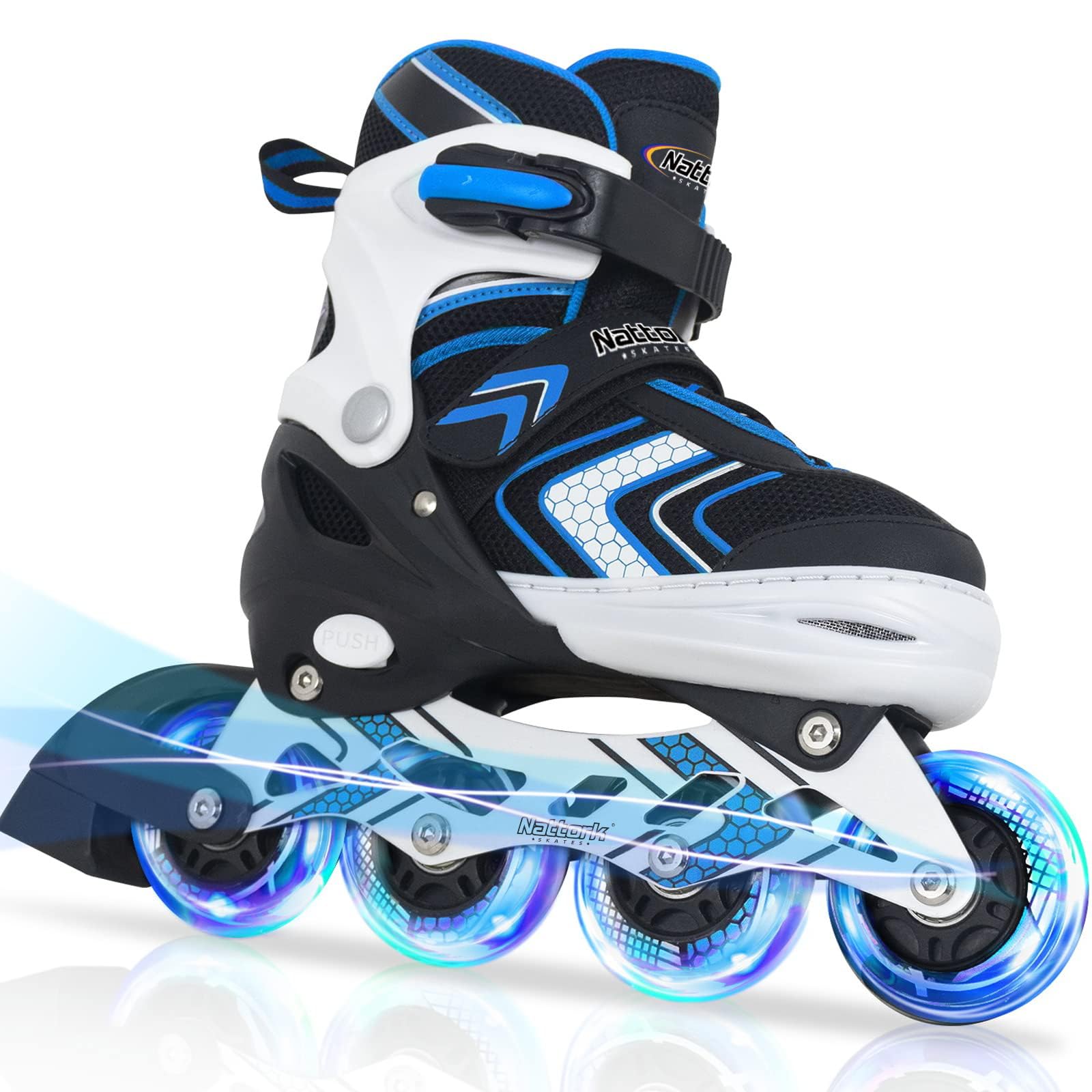 Nattork Roller Skates for Boys with Full Light up Wheels, Adjustable Beginner Inline Skates for Little Kids, Blue, Size 10J 12J 13J