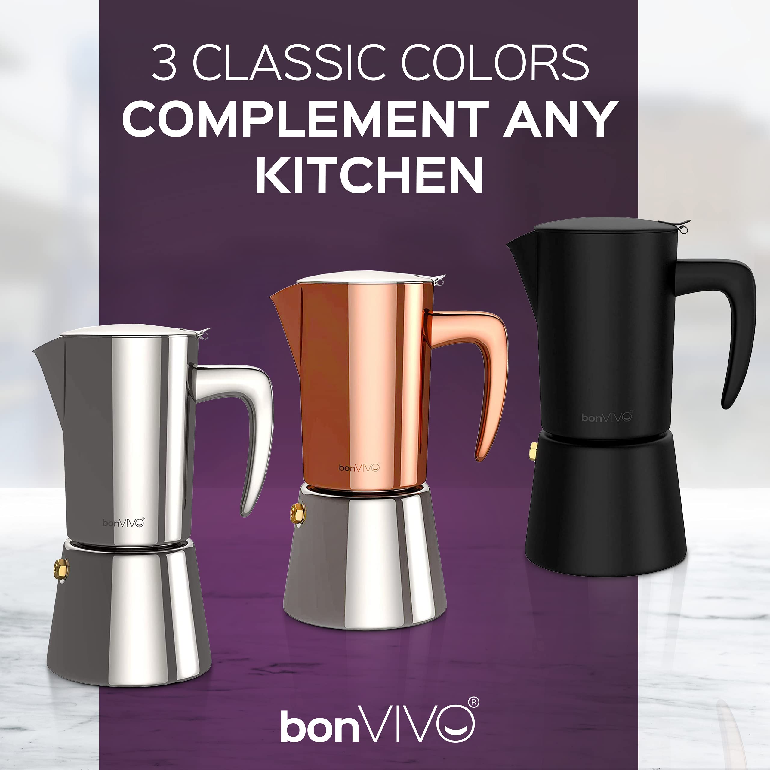 bonVIVO Moka Pot - 6 Cup Intenca Stainless Steel Espresso Maker w/Black Finish - Stove Top Italian Coffee Maker - 300ml Cup Coffee Pot - Gifts for Men