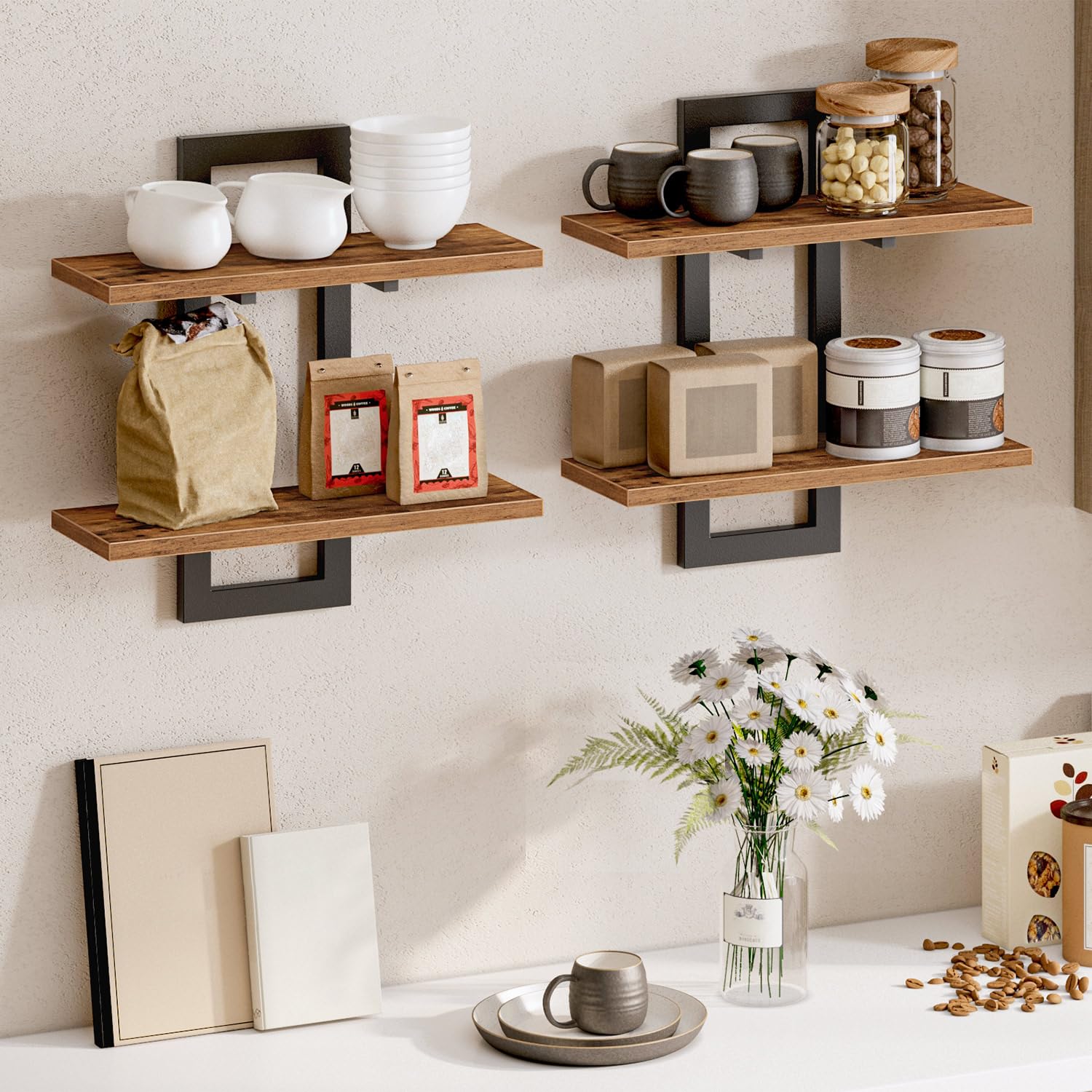 HOOBRO Floating Shelves, Wall Shelves Set of 2, Wall Mounted Storage Shelves 2-Tier, Wall Display Racks, Hanging Bathroom Shelves, for Kitchen, Living