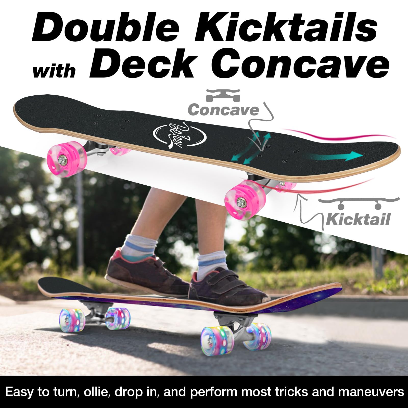 BELEEV Skateboards, 31 x 8 inch Complete Skateboard for Beginners, 7 Layer Canadian Maple Double Kick Deck Concave Cruiser Trick Skateboard for Kids