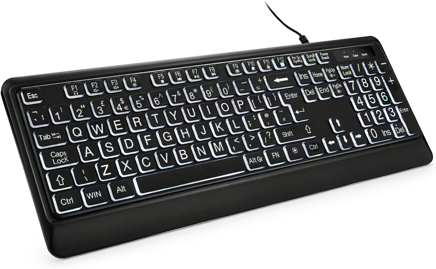 BERGUF Large Print Backlit Keyboard, Quiet USB Wired Computer Key board, Full Size Keyboard with White Illuminated LED Compatible for Windows Desktop,