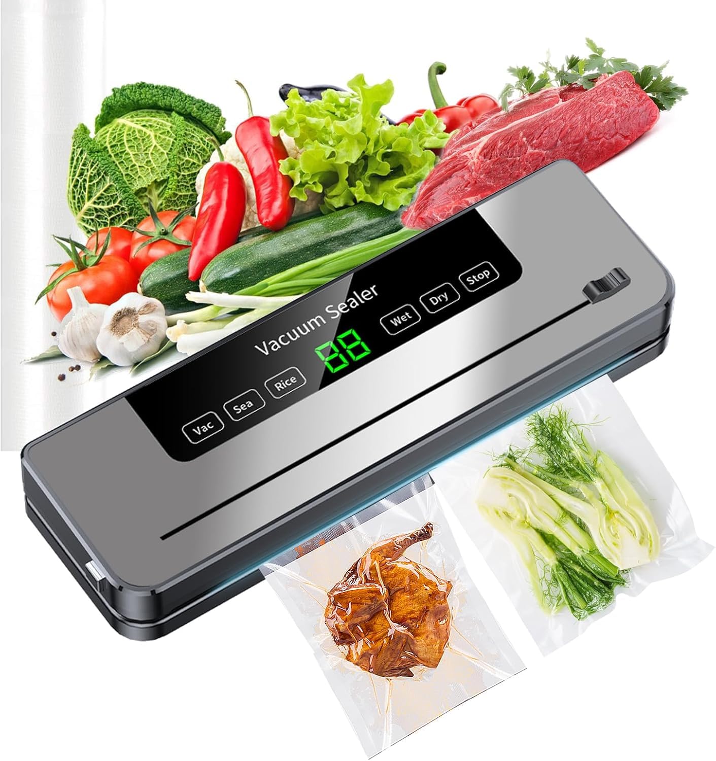Vacuum Sealer Machine, ESoundvol 6-in-1 Food Vacuum Sealer Machine Built-in Cutter and Visible LED Digital Countdown Display for Dry and Moist Food
