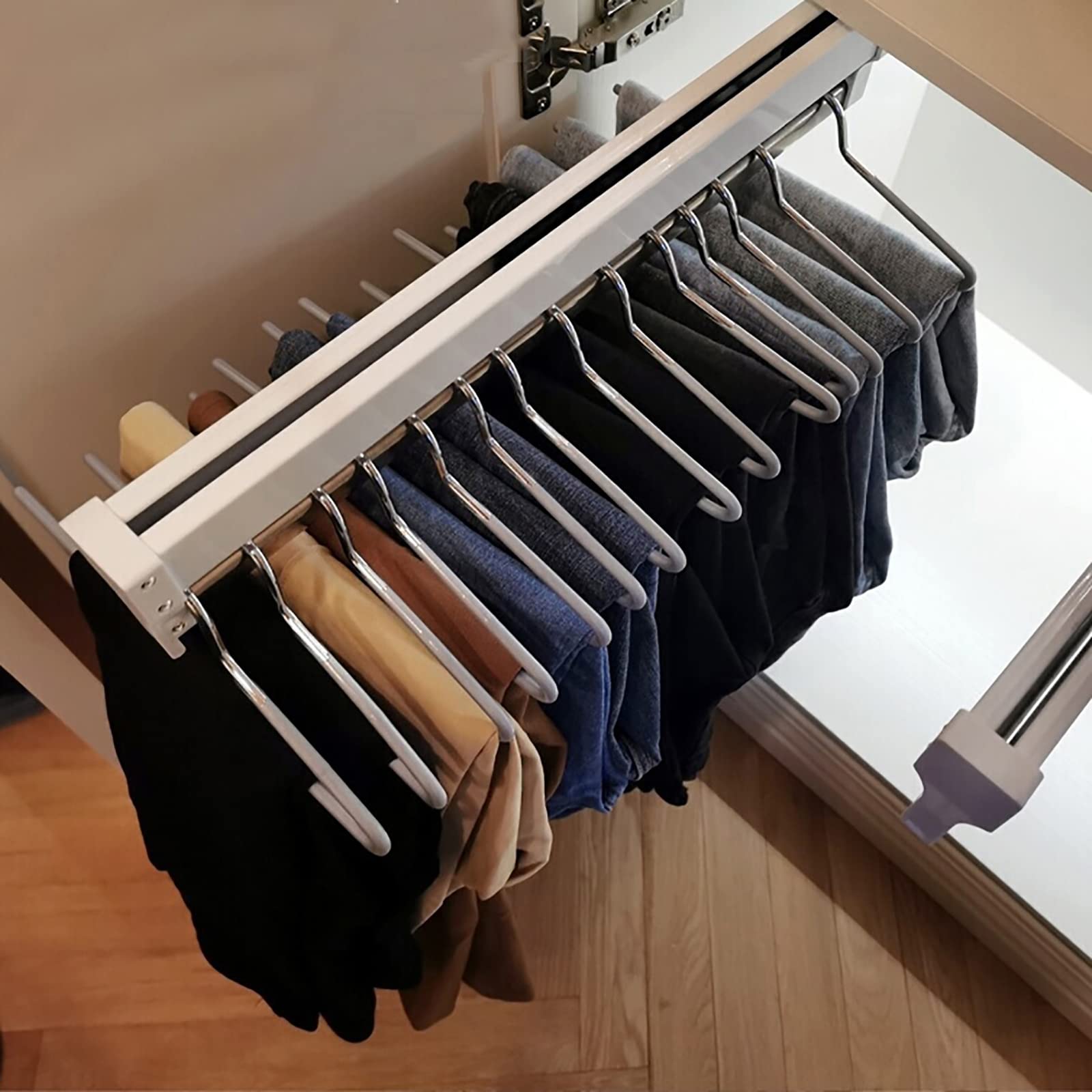 Pull Out Clothes Rail, Adjustable Pull Out Hanger Rail Rod for Wardrobe Trousers Clothing Storage, Space Saving, Load 25kg (White 397mm)