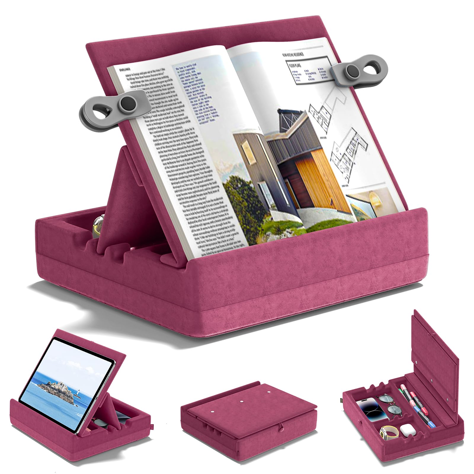 KDD Book Stand for Reading, Multi-Angle Viewing Reading Pillow Stands with Organizer Tray for Lap, Bed, Desk and Couch, Foldable Tablet Pillow Holder