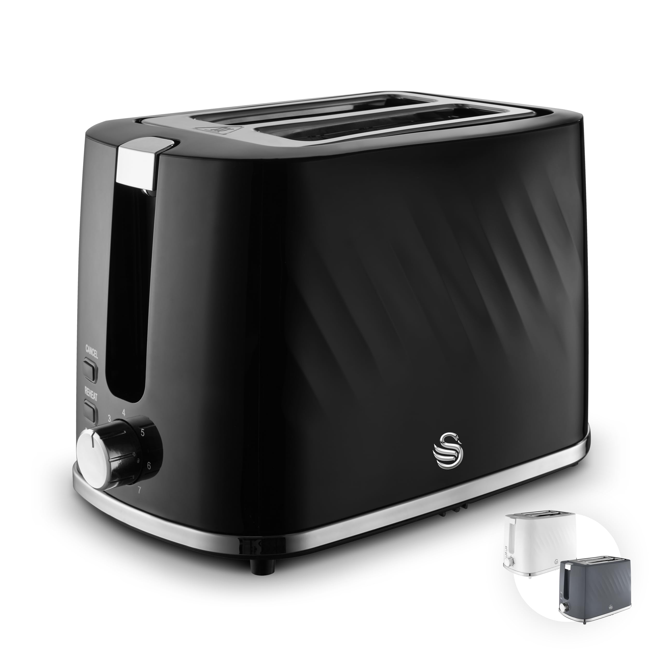 Swan ST14071BLK Windsor 2 Slice Toaster with 7 Browning Levels, Defrost/Reheat/Cancel Functions, Self-Centring Functions and Removable Crumb Tray,