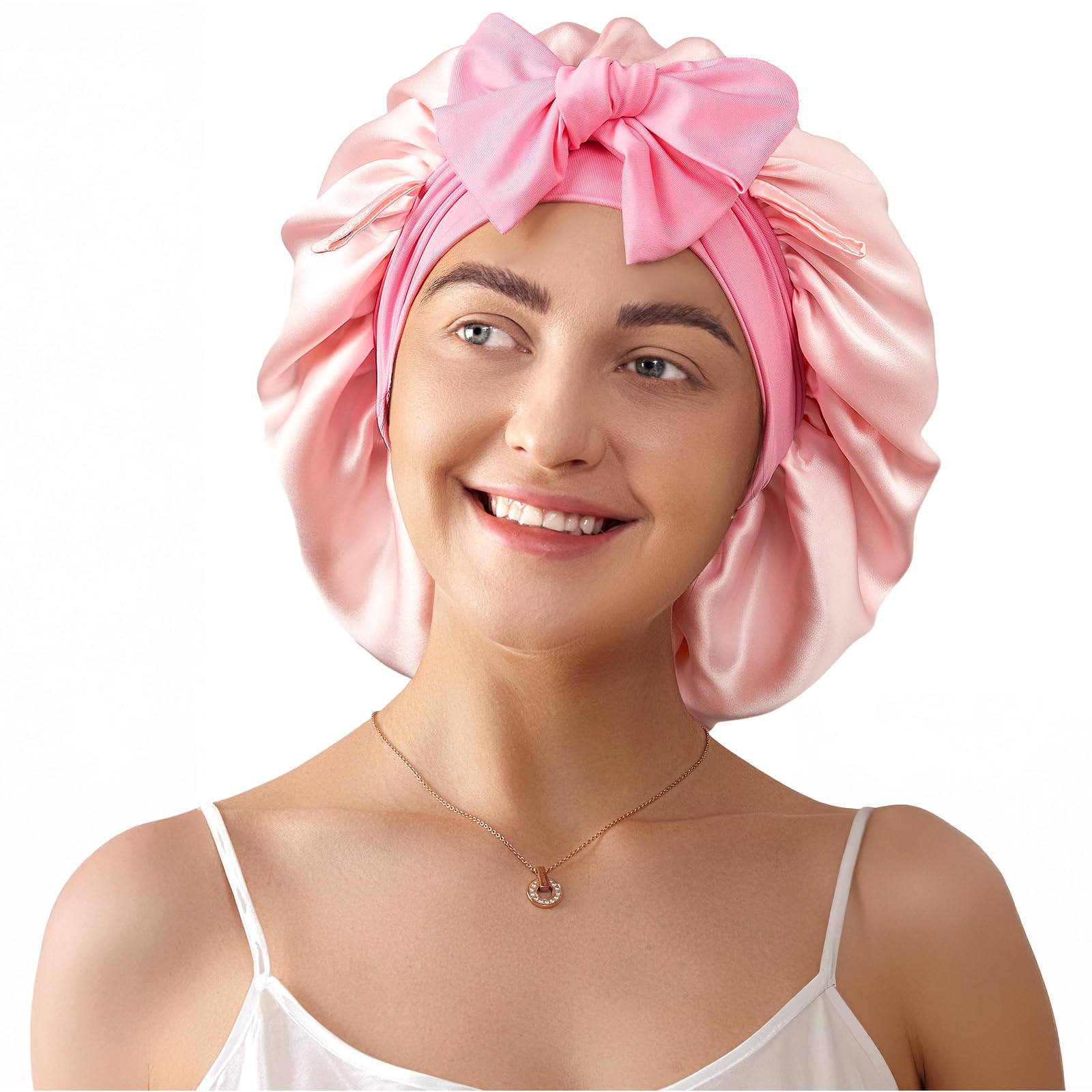 LitBear 100% Mulberry Silk Bonnet for Sleeping Women, 22 Momme Large Double-Layer Grade-6A Hair Bonnet for Sleeping Curly Long Hair, Hair Cap with Tie