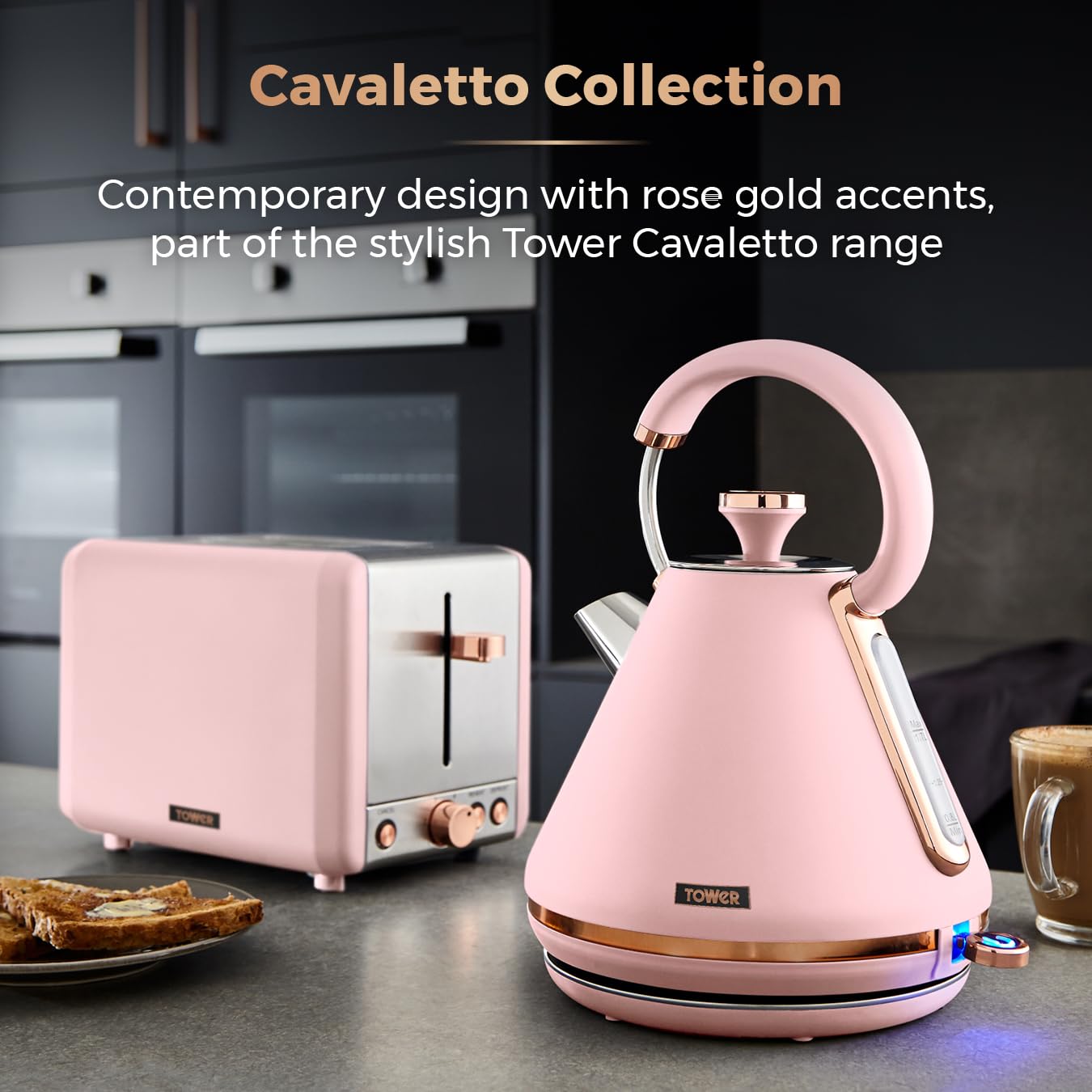 Tower T10044PNK Cavaletto Pyramid Kettle with Fast Boil, Detachable Filter, 1.7 Litre, 3000 W, Marshmallow Pink and Rose Gold