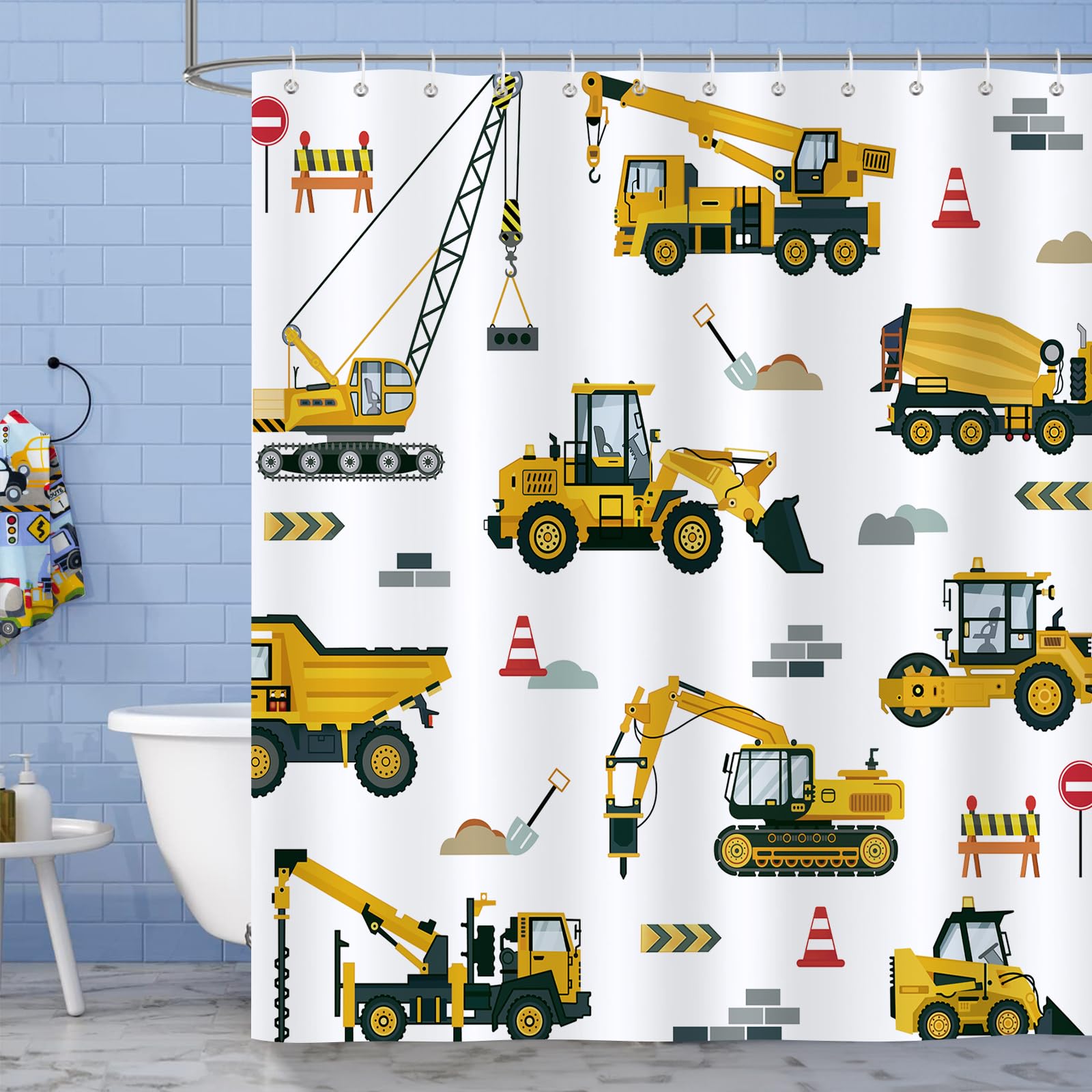 Bonhause Construction Truck Kids Shower Curtain Yellow Cartoon Excavator Cars Bathroom Curtain 180 x 180 cm Waterproof Mildew & Mould Resistant