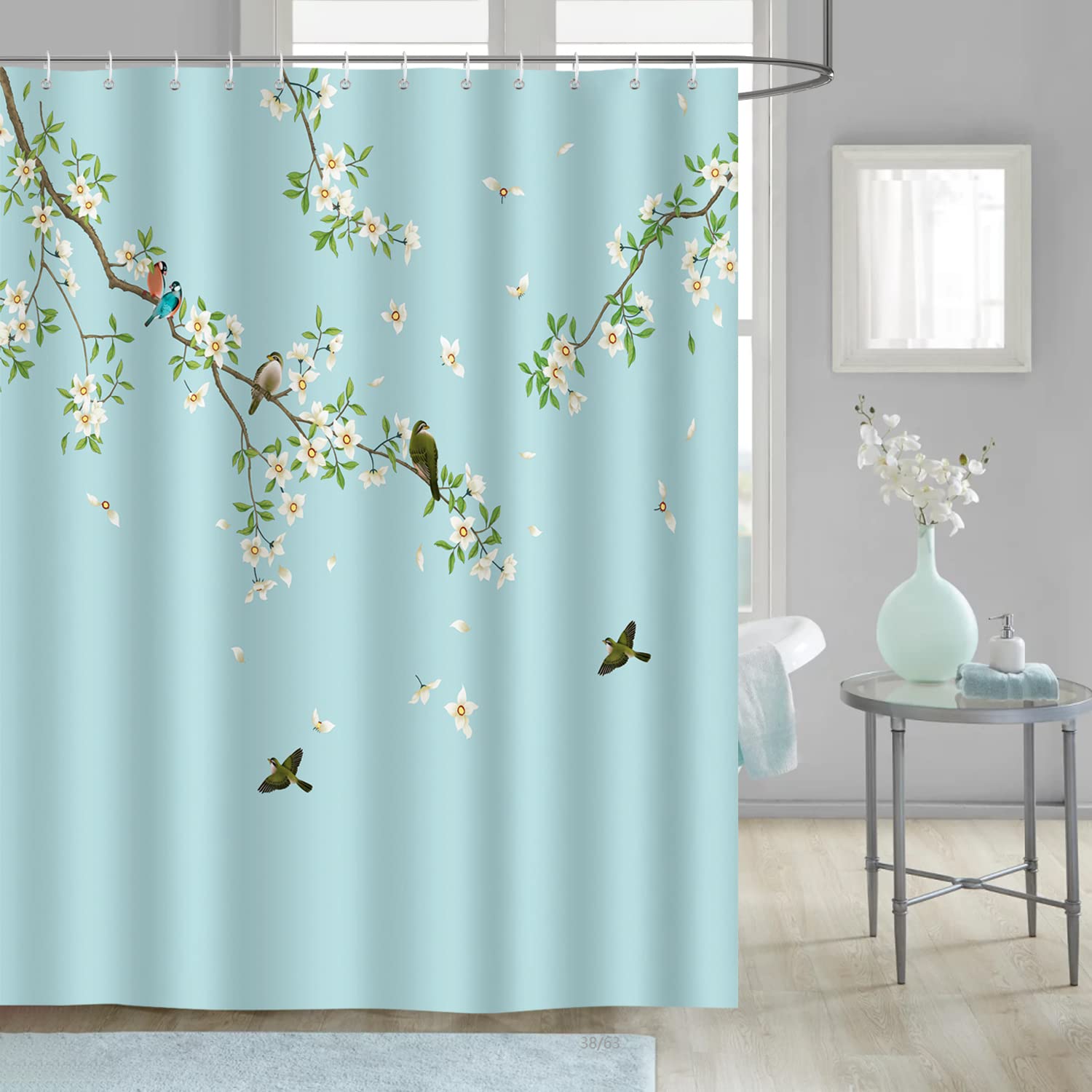Bonhause Birds and Flowers Shower Curtain 180 x 180 cm Blossom Floral Bathroom Curtain Mildew & Mould Resistant Polyester Fabric Bath Curtain with 12