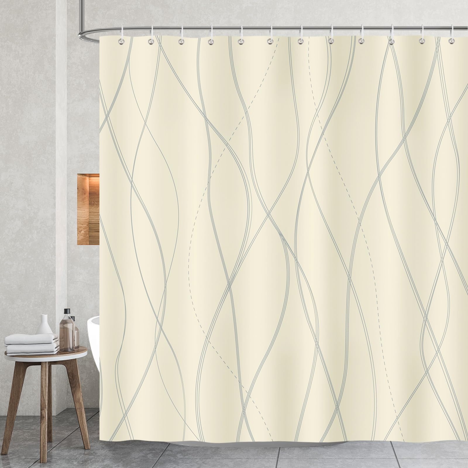 COZZSNUGE Modern Stripes Shower Curtain, Grey and Yellow Striped Bathroom Curtain 183 x 183 cm, Water Repellent Mildew Resistant Polyester with 12