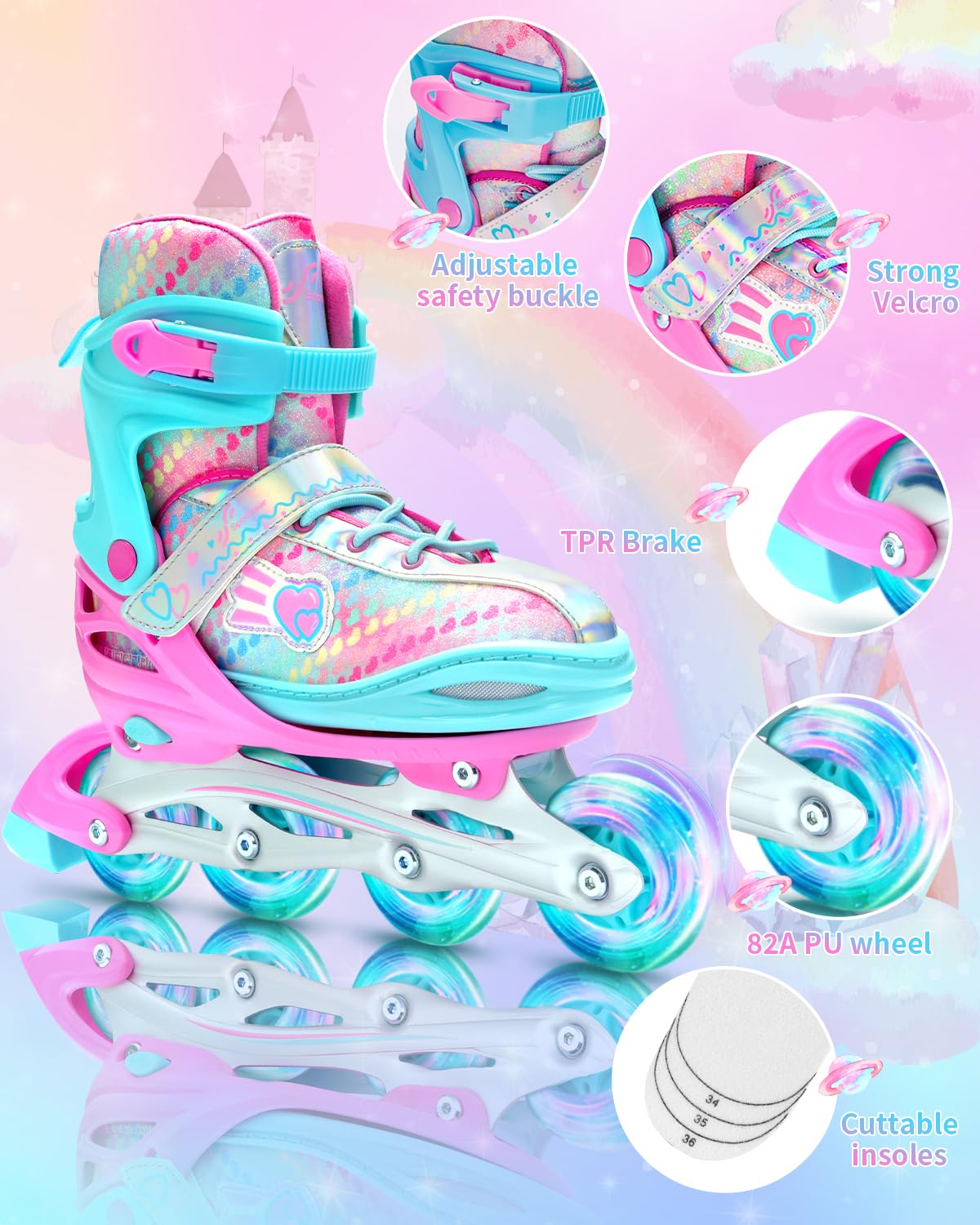 Sportneer Inline Skates for Children 30-41 Adjustable Inline Skates with 6 Protectors Set for Children Girls Women 8 LED Inline Skates Children