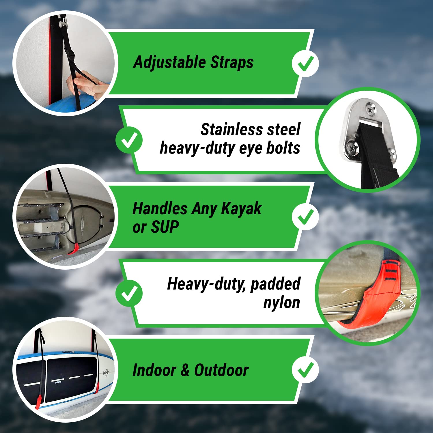 COR Surf Kayak Sling - Heavy-Duty SUP & Kayak Storage Sling, with Adjustable Strap, Made with Flexible Padded Nylon, Can Handle Any Weight, Also Works