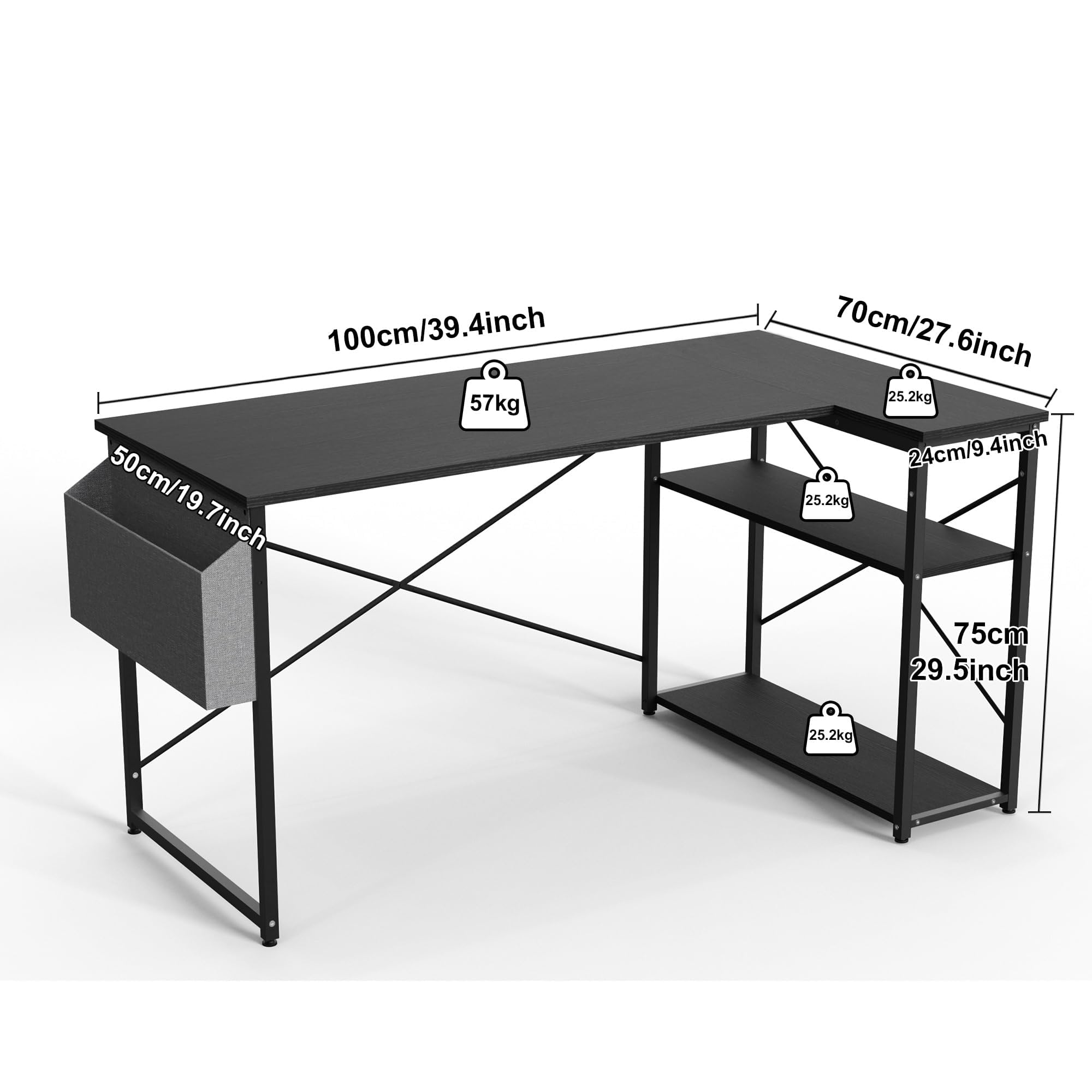 BEXEVUE L Shaped Gaming Desk, 100x70 cm Computer Desk with Storage Bag, Office Desk Small Writing Table with Large Reversible Storage Shelves,