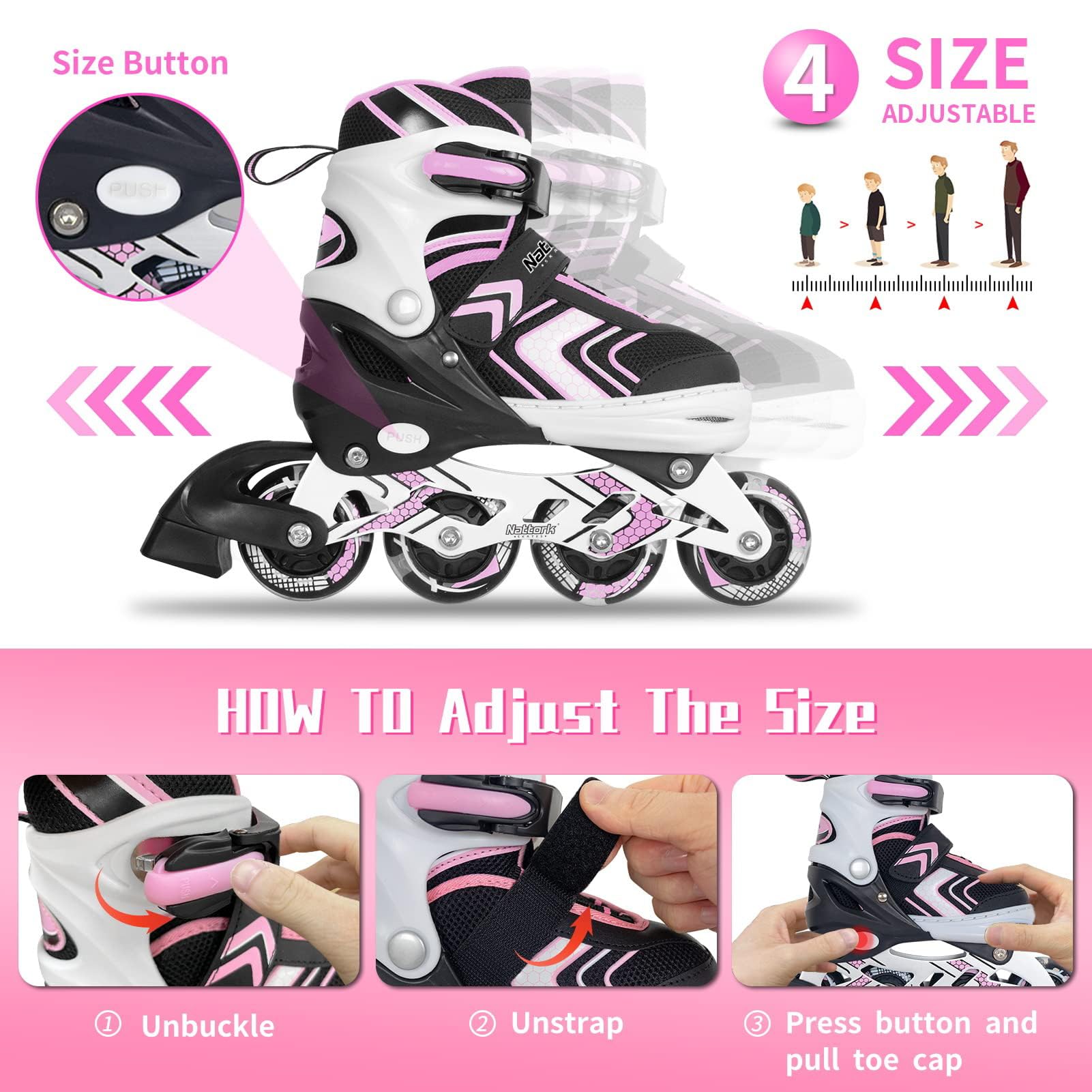Nattork Roller Skates for Girls with Full Light up Wheels, Adjustable Beginner Inline Skates for Little Kids, Pink, Size 10J 11J 12J