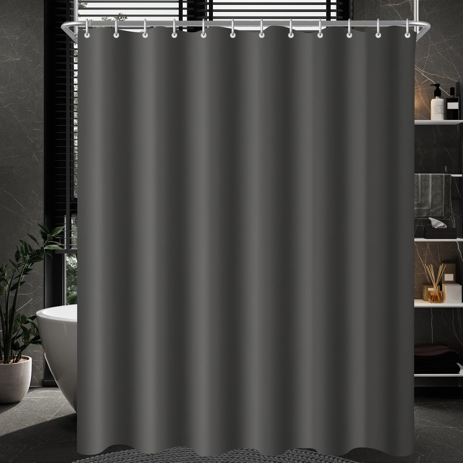 Lerores Shower Curtain, 180 x 220 cm, Dark Grey, Weighted Hem, Anti-Mould Textile, Water-Repellent, Washable Polyester Fabric Bath Curtains for
