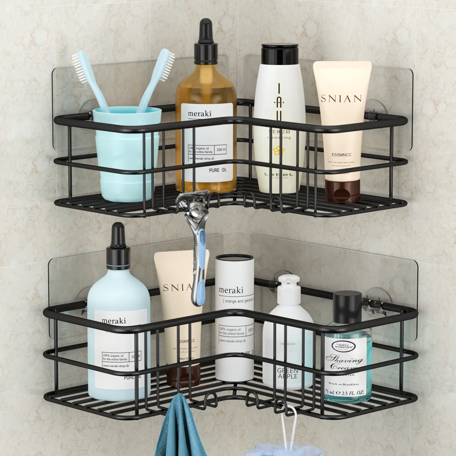 Menbyci 2-Pack Corner Shower Caddy, Adhesive Bath Shelf with Hooks, Stainless Steel 304 Rust Resistant Bathtub Accessories Organizer, Storage Rack