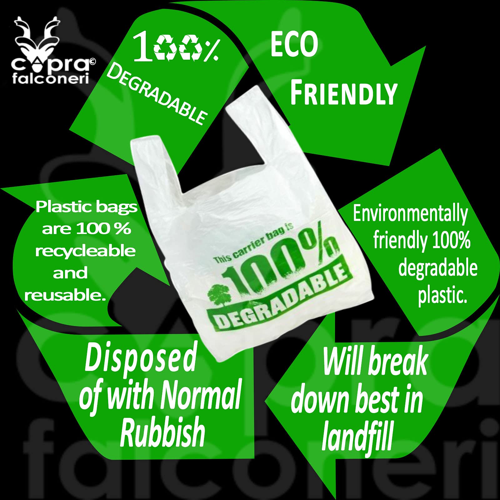 Capra Falconeri 1000 Carrier Bags (13x19x23 Inches) X Large White Plastic Bag with Handles - Strong 100% Degradable Vest Reusable Recyclable Eco