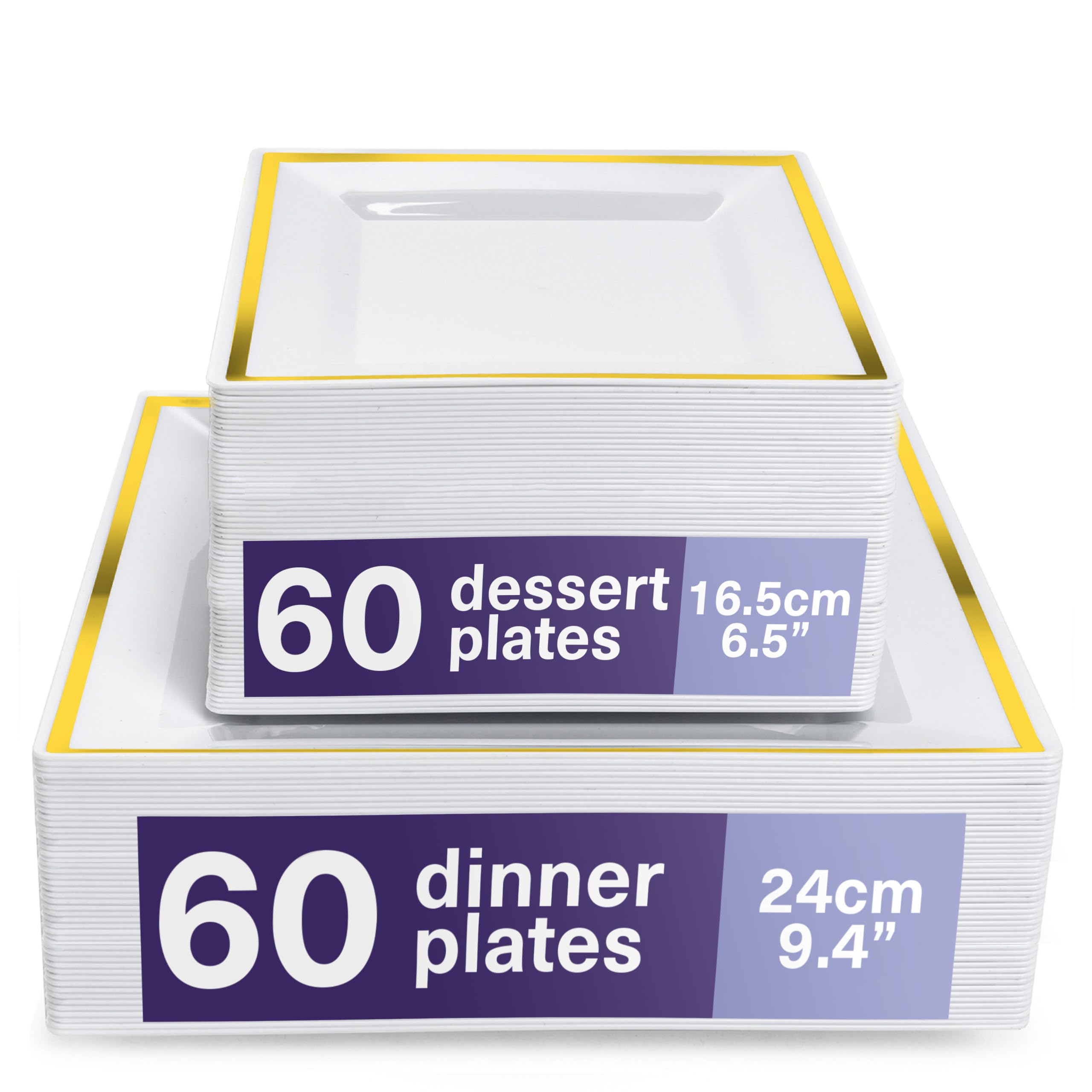 MATANA 120 Premium White Square Plastic Plates with Gold Rim - 60 24cm Dinner Plates, 60 16.5cm Dessert Plates - Elegant & Reusable Party Plates for