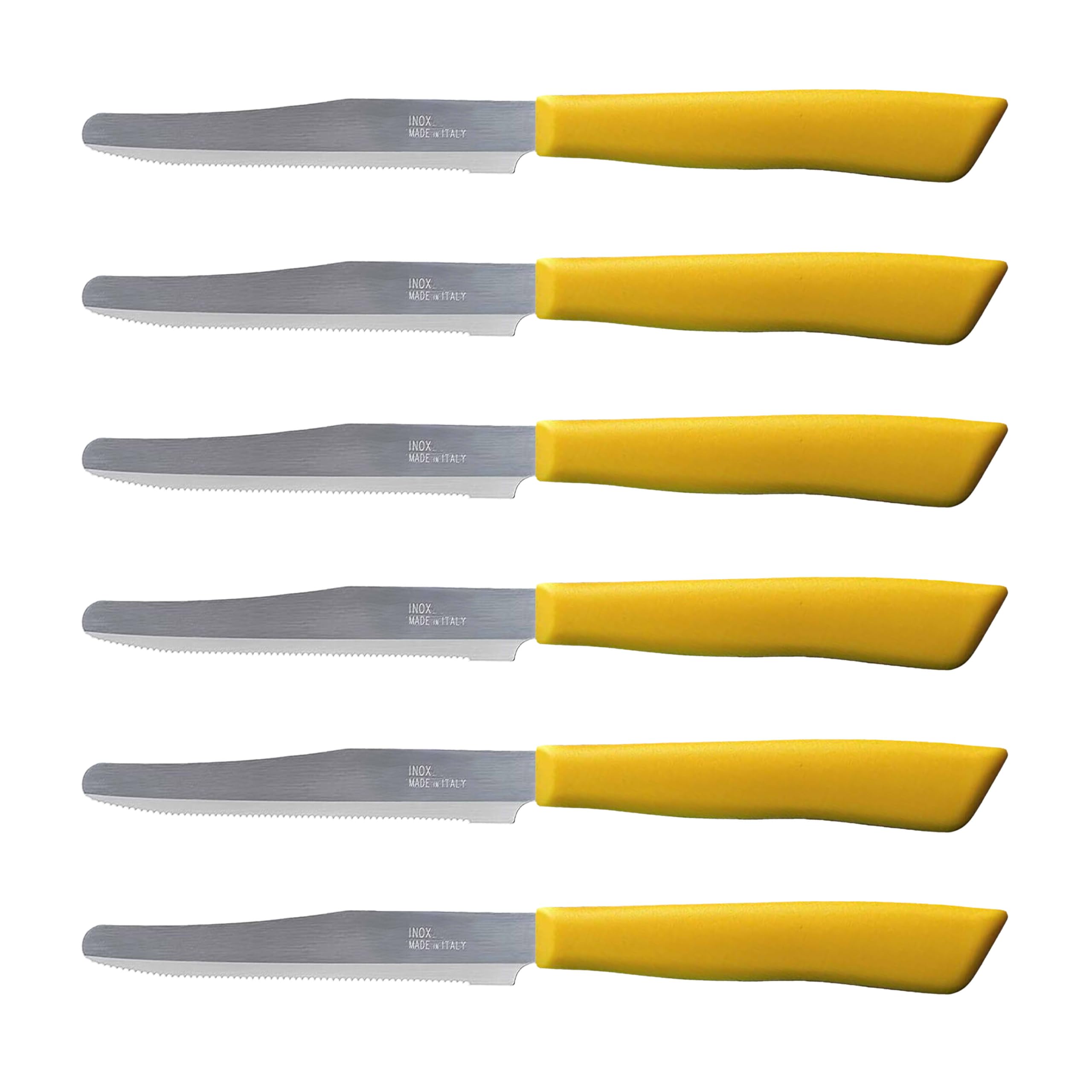 Tredoni 6 Kitchen Knives - 11cm Italian Stainless Steel Serrated Vegetable/Steak/Table Knife Cutlery, Rounded Tip (Yellow)