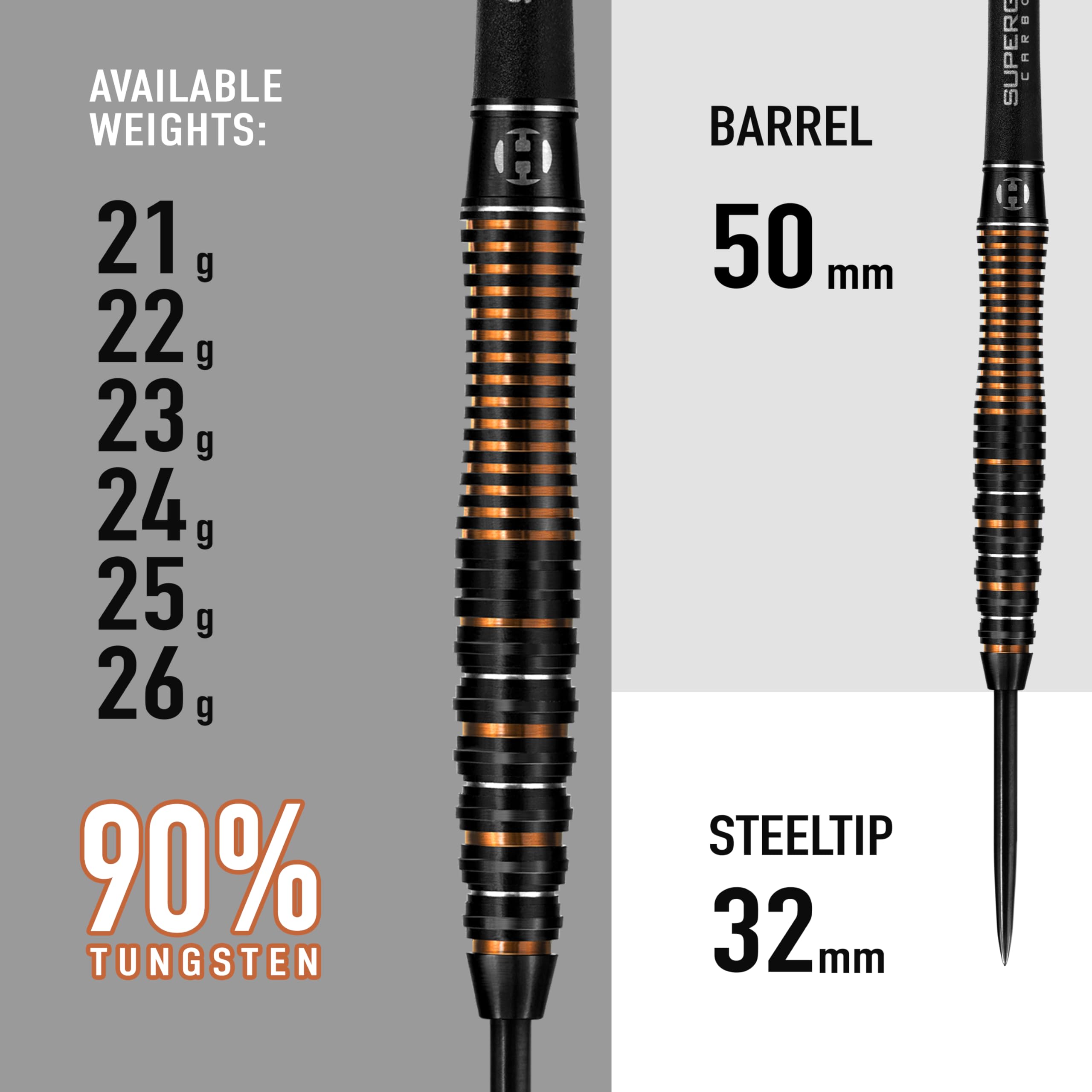 Harrows Noble 90% Tungsten Steel Tip Darts Set 22g, 23g, 24g & 25g - Includes Silver Supergrip Carbon Shafts & Micron Noble Flights (24g)