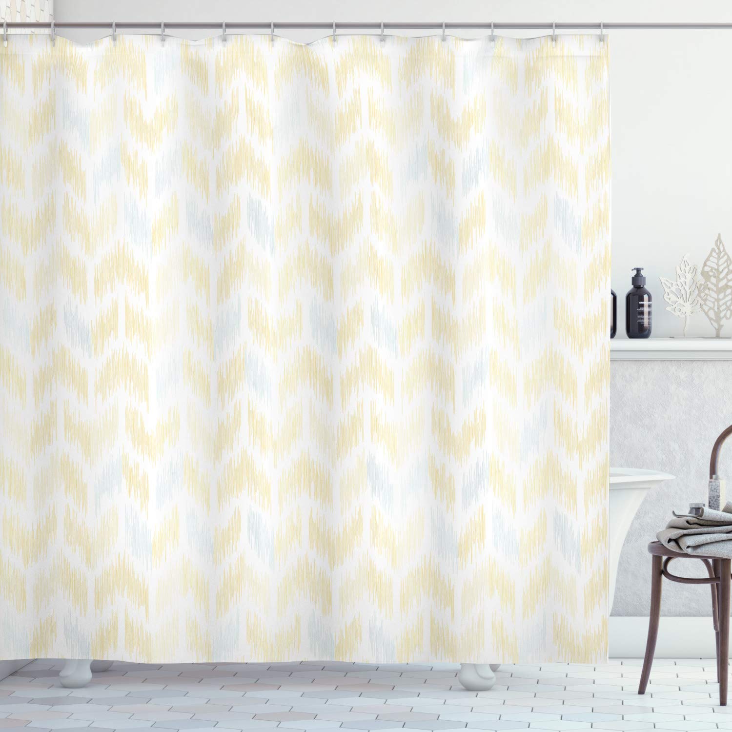 ABAKUHAUS Yellow Chevron Shower Curtain, Ikat Style Abstract Sketchy Looking Faded Zigzag Motif Tile, Cloth Fabric Bathroom Decor Set with Hooks, 70