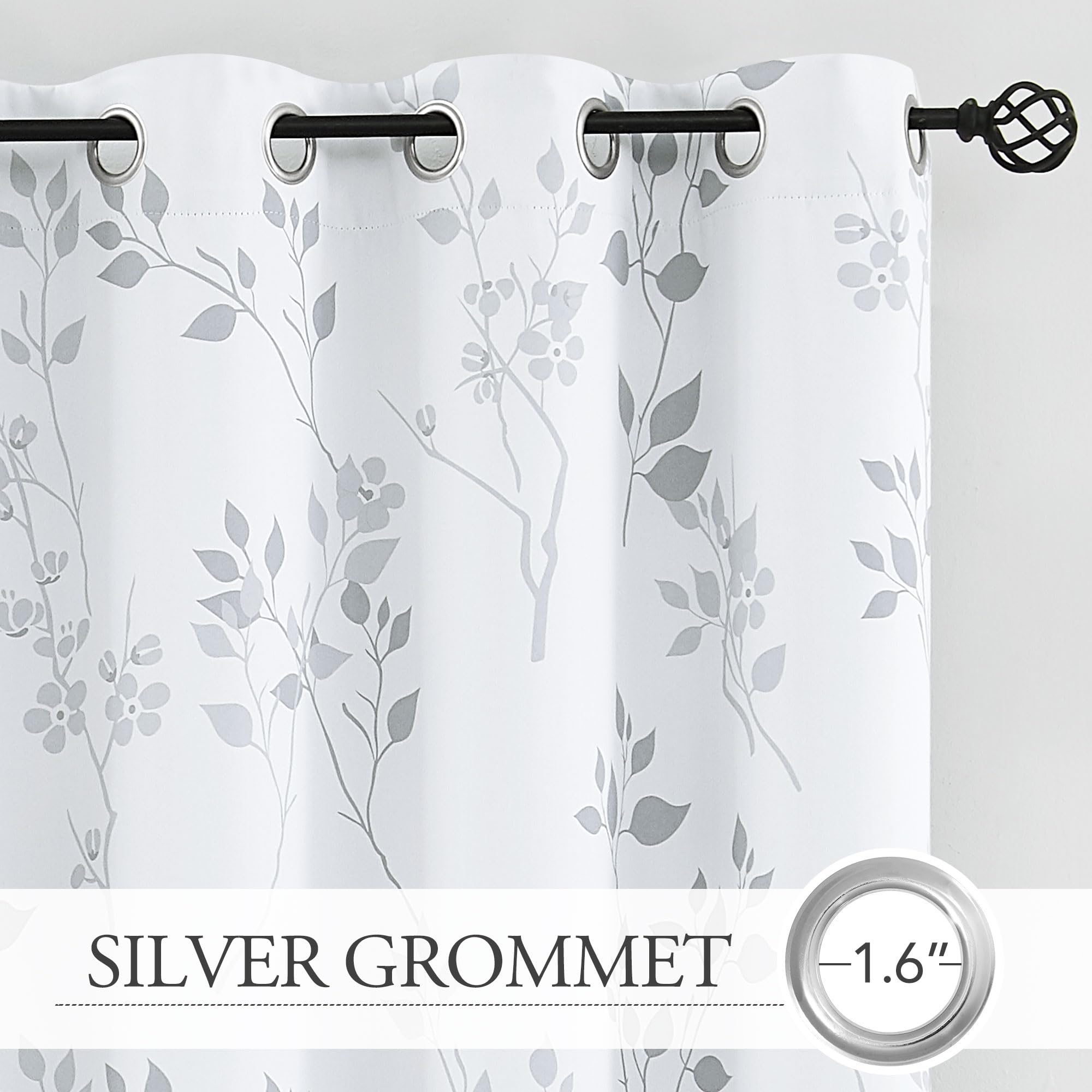 Beauoop Grey Floral Blackout Curtains for Bedroom Living Room 54 Inch Drop Leaf Print Eyelet Curtain Botanical Thermal Insulated Noise Reducing Drapes