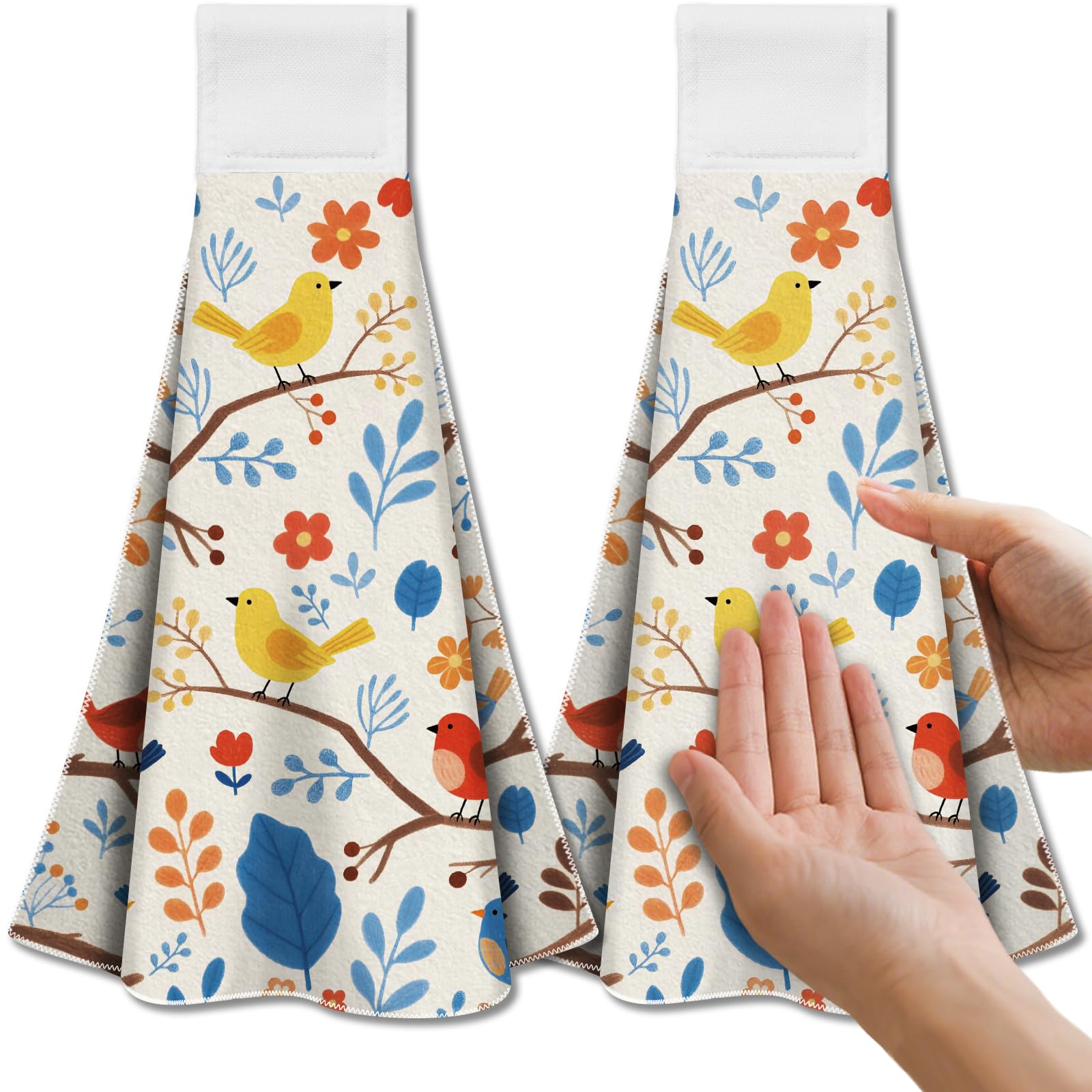 CUTHOLLOW Cartoon Flower and Bird Hanging Kitchen Towels with Loop, Set of 2 - Soft & Super Absorbent Microfiber Decorative Hanging Dish & Hand Towel,