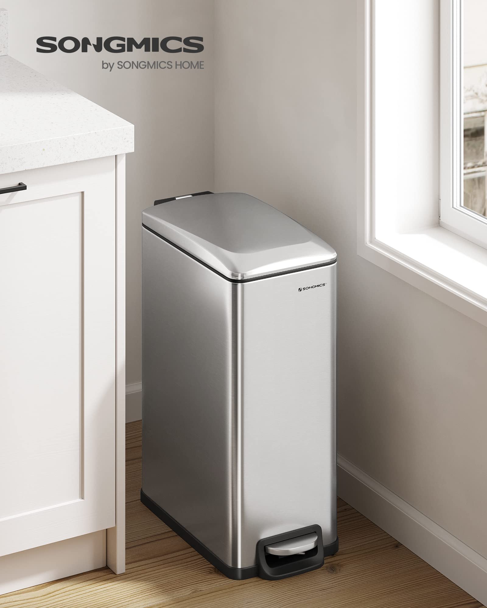 SONGMICS Kitchen Bin 48L, Slim Pedal Bin for Narrow Spaces, Rubbish and Waste Bin with Soft-Close Lid and Inner Bucket, Stainless Steel, 15 Rubbish