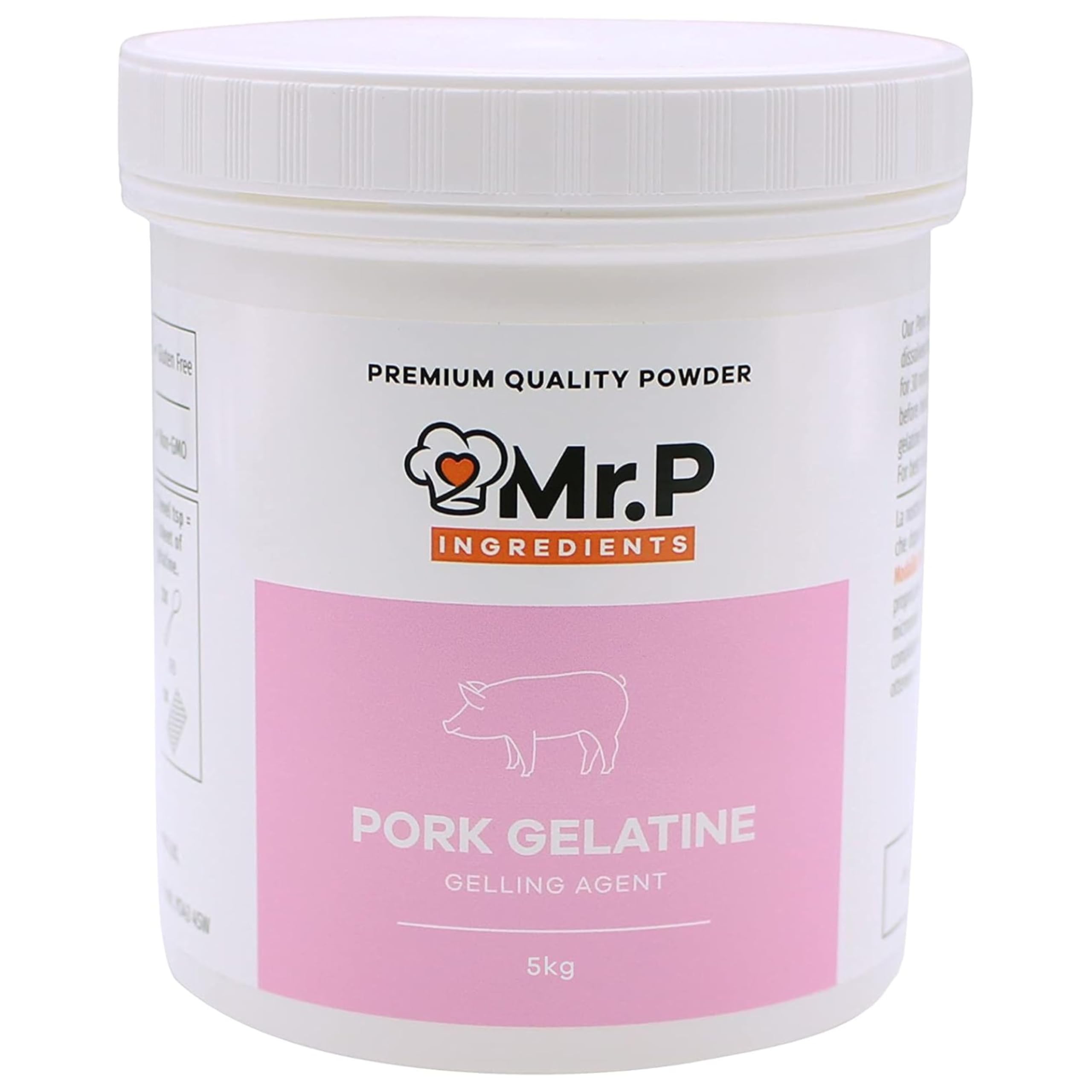 Mr.P Ingredients Pork Gelatine 5Kg 250 Bloom Powder Stabiliser Gelling Aerating Agent Instant Gluten Free Non-GMO (Recyclable Pot)