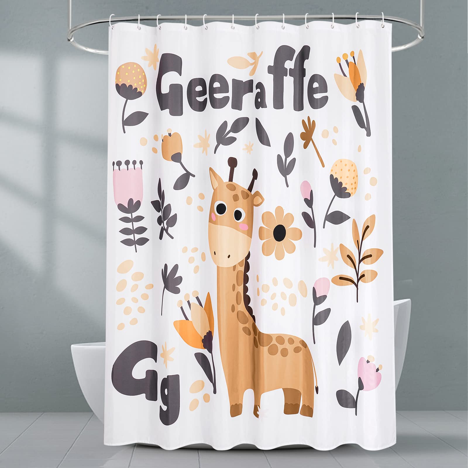 EurCross Giraffe Shower Curtain 200cm Drop, Digital Print Cute Animal Pattern Curtain for Wet Room, Waterproof Fabric Bathroom Curtain for Shower with