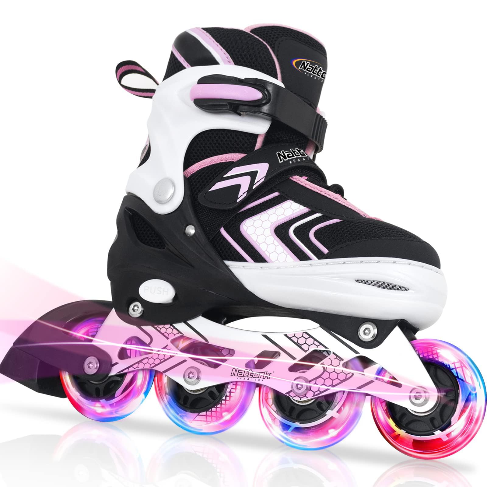 Nattork Roller Skates for Girls with Full Light up Wheels, Adjustable Beginner Inline Skates for Big Kids, Pink, Size 1 2 3
