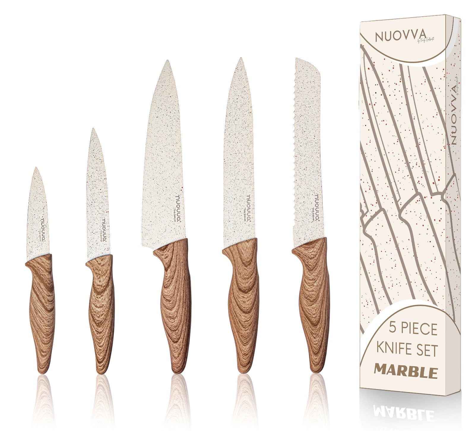 nuovva Professional Kitchen Knife Set ? 5pcs Cream Granite Kitchen Knives ? Stainless Steel Granite Non Stick Blades ? Chefs, Filleting, Bread, Paring
