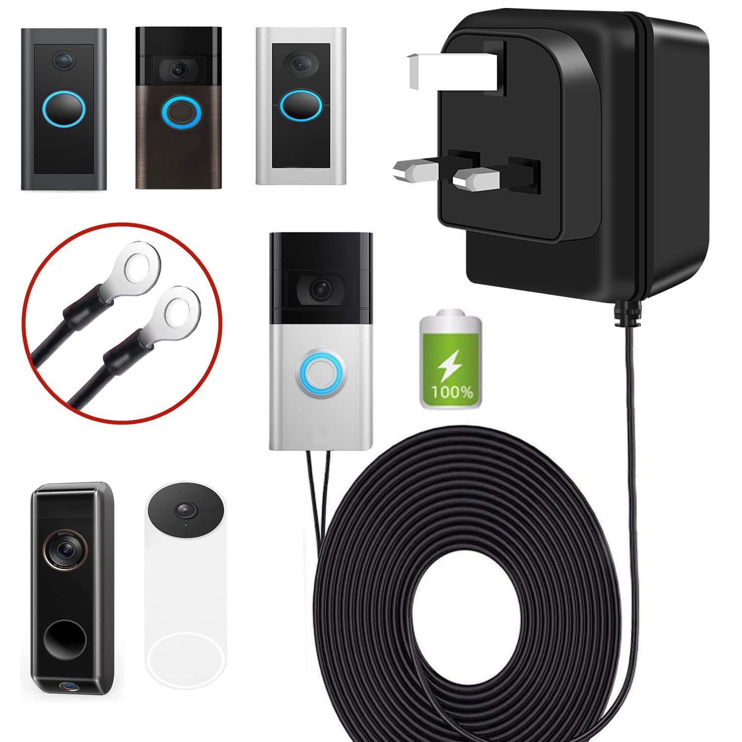 Xzgm Video Doorbell Power Adapter, 24V 500MA Doorbell Transformer,for Most Versions of Ring Doorbell and Thermostat (10M extension cable Black)