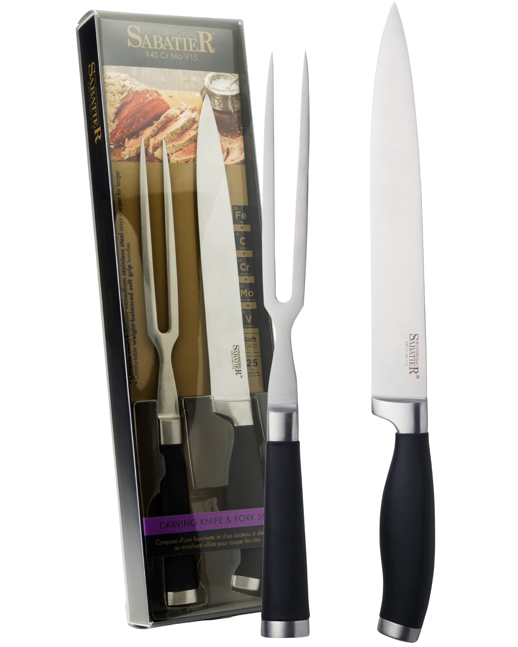 Sabatier Professional X45 Cr Mo V15 Stainless Steel 2 Piece Carving Knife & Fork Set ? Sharpe Knife Blade. Soft Comfortable Grip. Perfect for Your