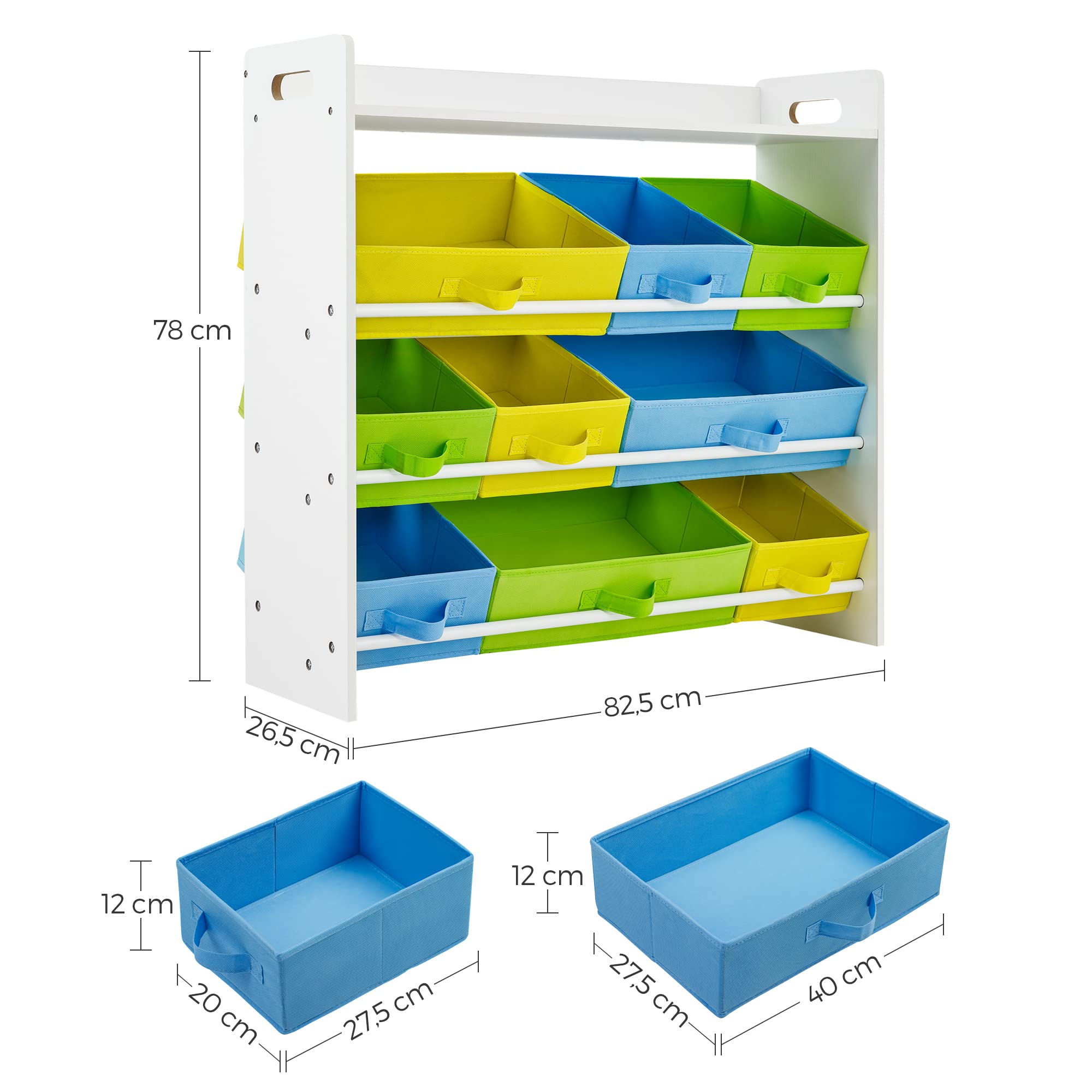SONGMICS Toy Organiser with 9 Removable Non-Woven Fabric Bins, Kids Storage Unit and Bookshelf for Nursery Playroom, Wooden Frame with Shelf, White
