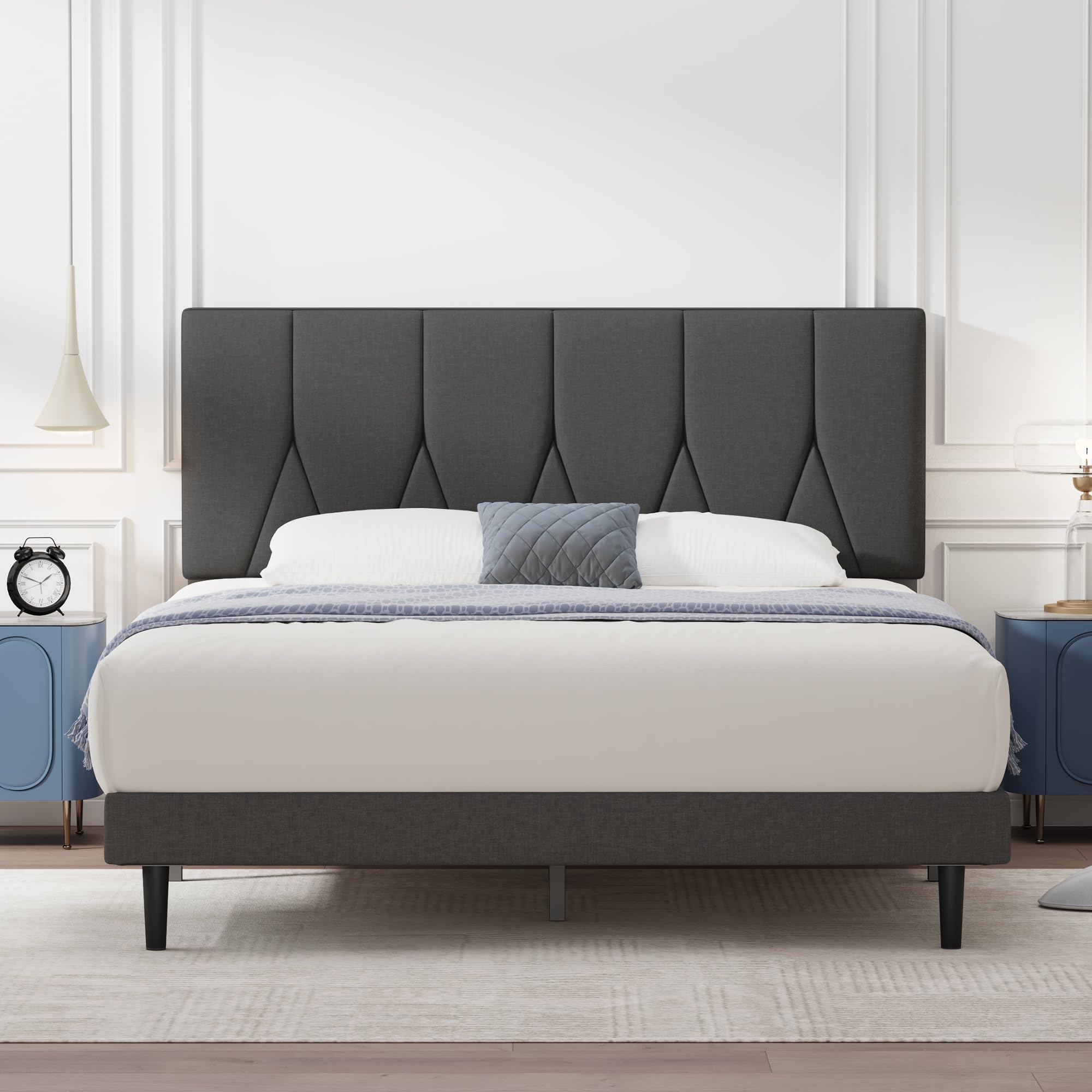 Yocreat Single Bed Frame, Dark Grey, Upholstered Wooden Slat Bed Frame with Headboard, Easy Assembly, Underbed Storage, No Box Spring Needed 90?190