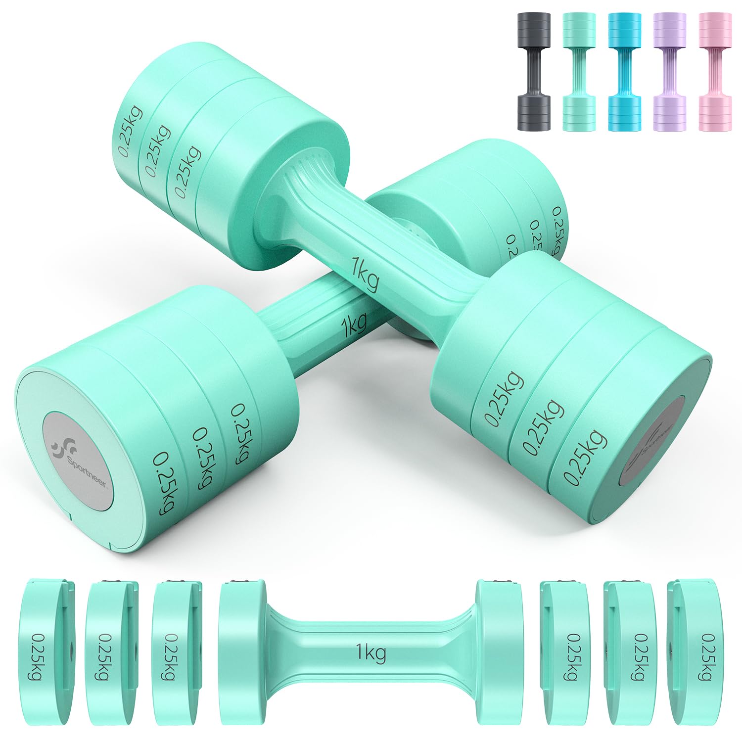 Sportneer Adjustable Dumbbells Set: Each 1kg/1.5kg/2kg/2.5kg (2kg-5kg per Pair), 4-in-1 Dumbbells Set Women, Weights for Women, Adjustable Dumbbell