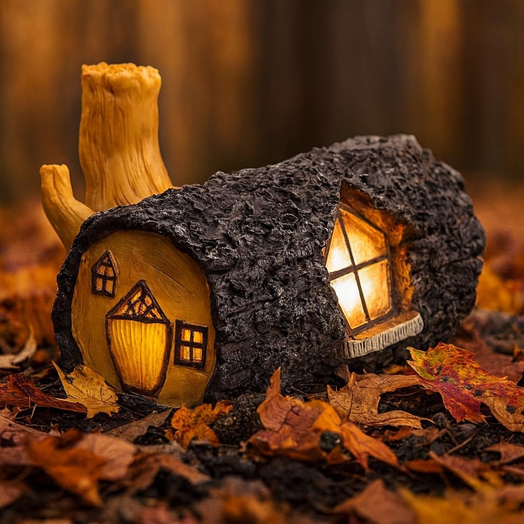 Solar Fairy House Garden Ornament Wooden Log Effect Light Up LED Home
