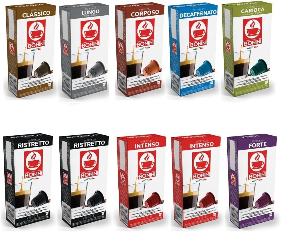 Bonini Coffee Pods, Nespresso Compatible 10 Variety Packs, Blends Inc. Decaf, Ristretto, Intenso, Classico, Lungo, Forte, Corposo, Carioca. Pack 10