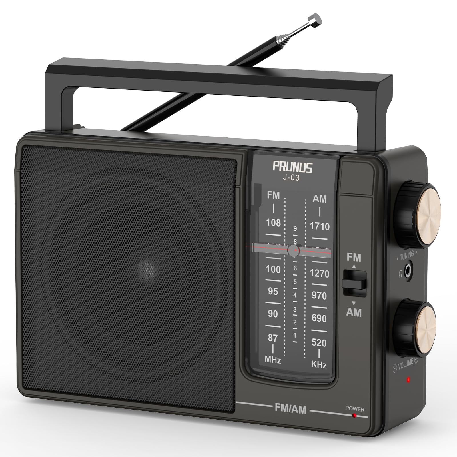 PRUNUS J-03 Portable Radio, AM FM Radio, Radios Mains and Battery, Large Display and Knob, Large Speaker, Excellent Sound, Headphone Jack, Excellent