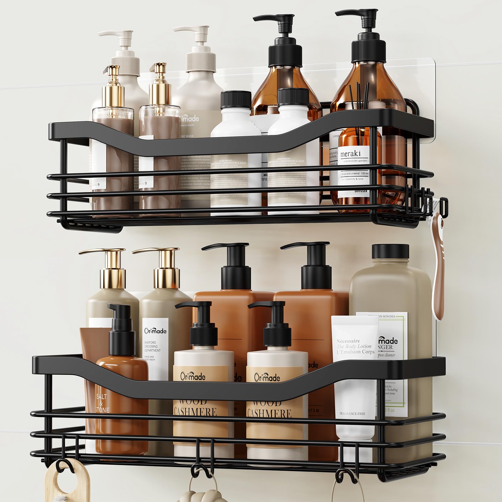 Orimade Shower Caddy Stainless Steel No Drilling Adhesive Shower Shelf for Bathroom Shampoo Conditioner,Rustproof, 2 Pack (Black)
