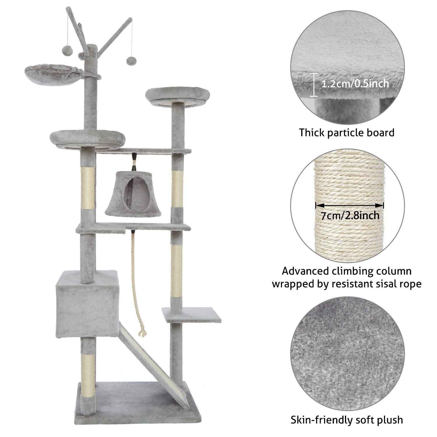 Meerveil Cat Tree, 210cm Cat Tower for Indoor Cats, Cat Climbing Tree with Activity Platforms, 3 Pompoms, 2 Condos, Basket and Sisal Scratching Posts,